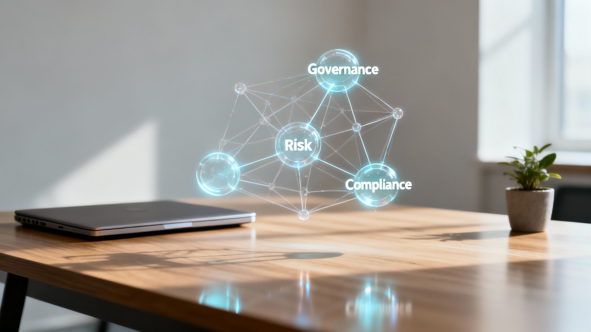 Holographic GRC diagram with Governance, Risk, and Compliance labels floats above a laptop on a wooden desk.