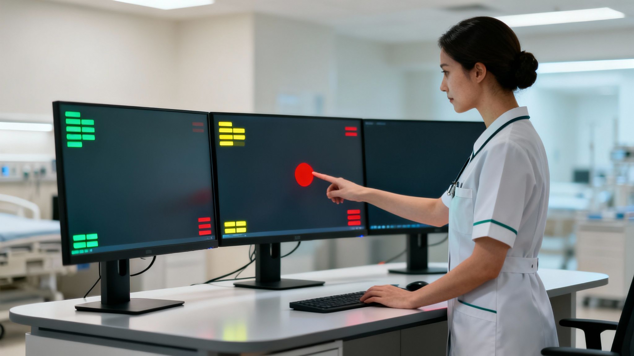 A female nurse interacts with a multi-monitor alert system displaying medical data in a hospital setting.