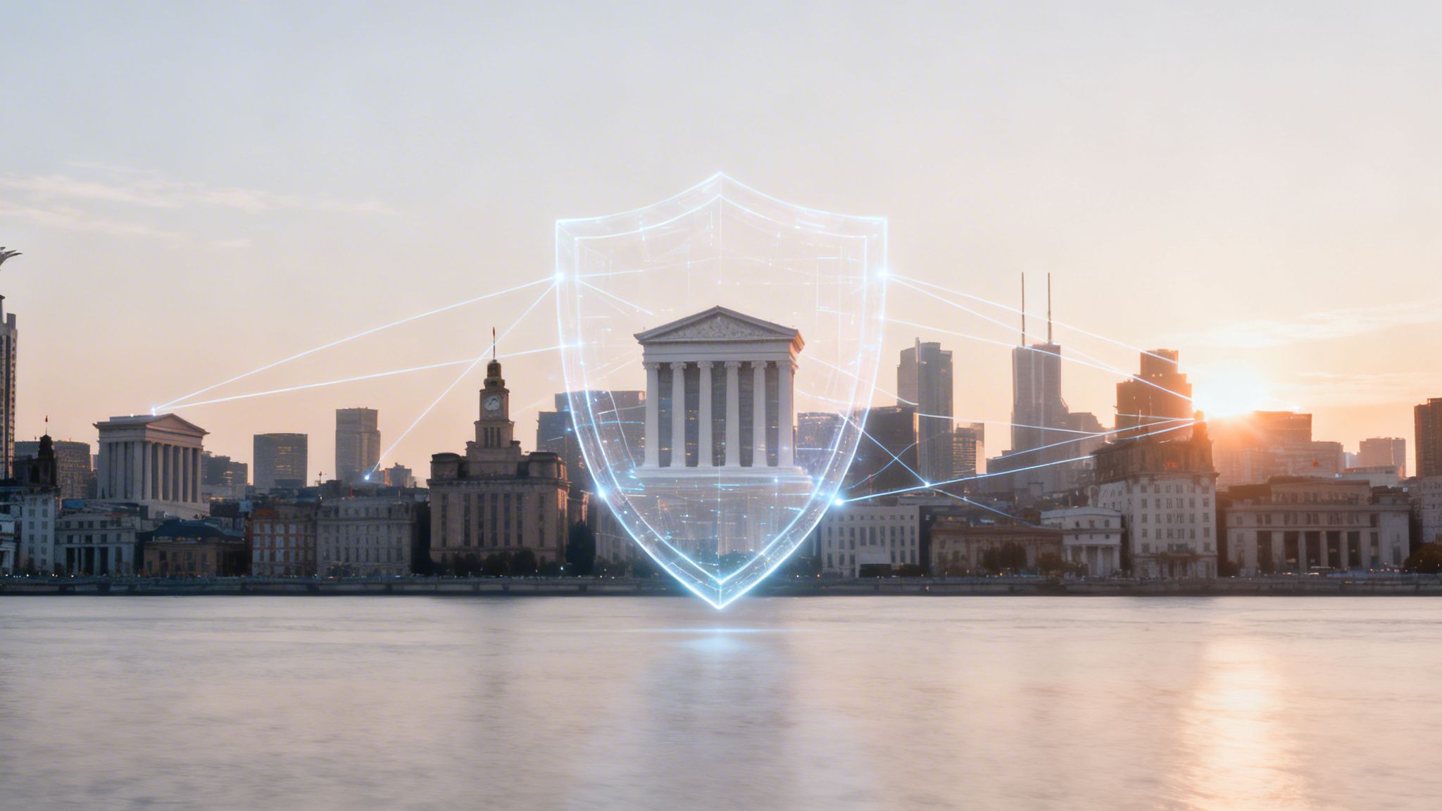 Glowing digital shield protecting a courthouse-like building in a futuristic city skyline at sunset.