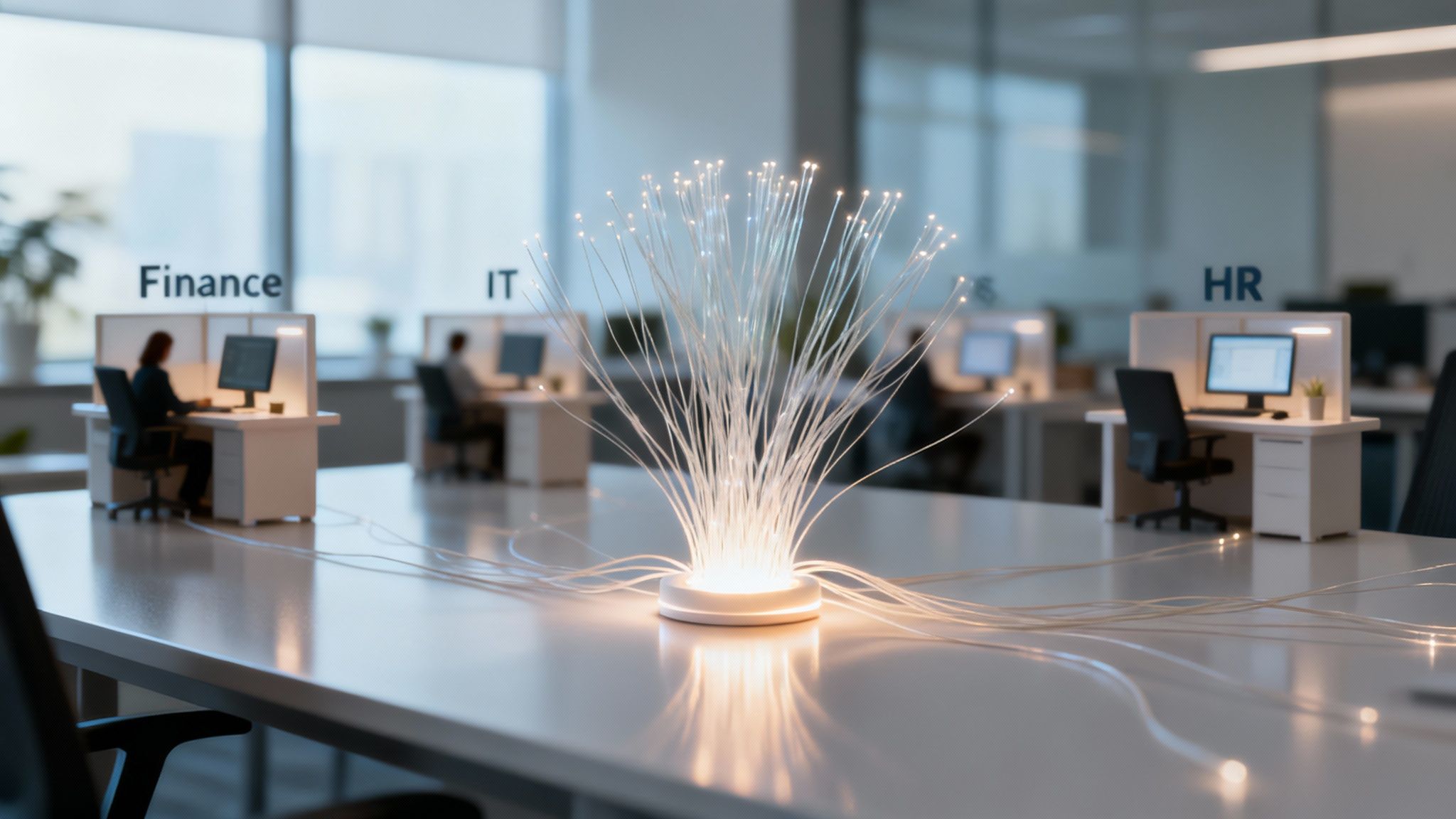 Fiber optic cables connect Finance, IT, and HR departments in a modern office, symbolizing data flow.