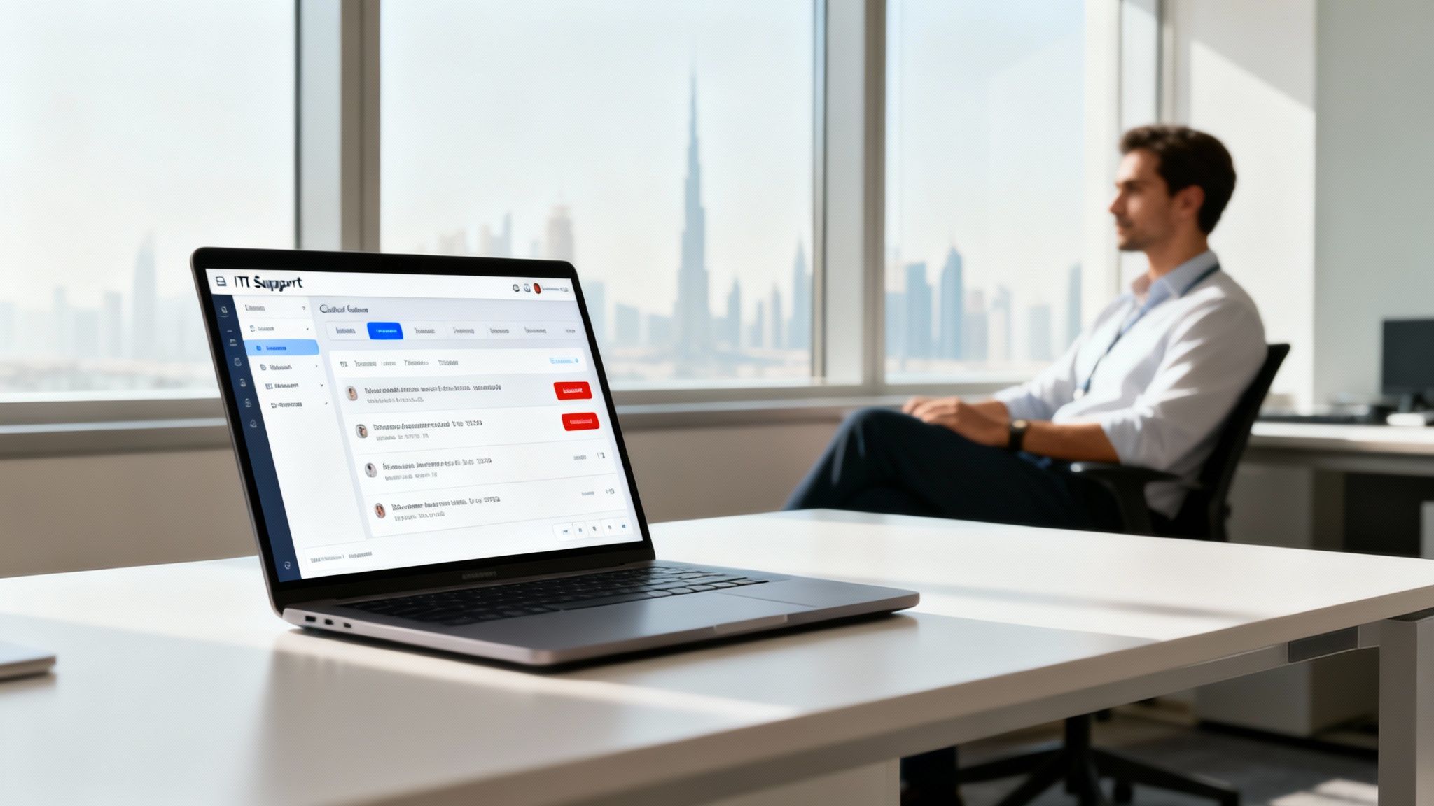 Laptop on a desk displaying an ITI Support interface with a man and cityscape.