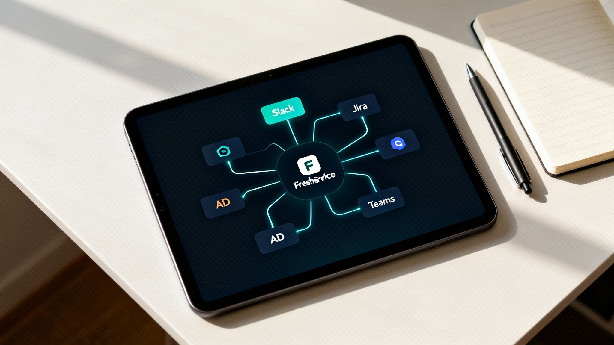 A tablet displays a FreshService integration diagram connecting to Slack, Jira, Teams, and Active Directory.