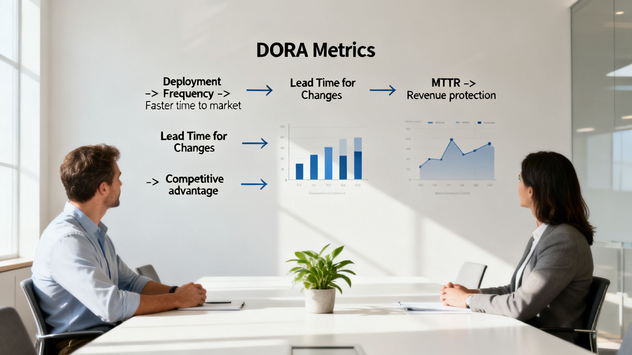 Two professionals review DORA Metrics and software delivery performance charts in a meeting.