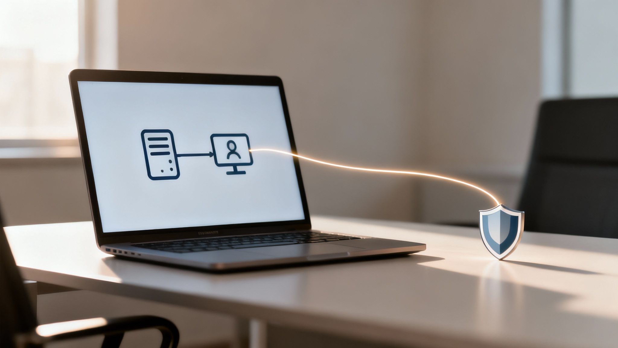 A laptop displays a secure connection diagram from server to user, with a physical shield for data protection.