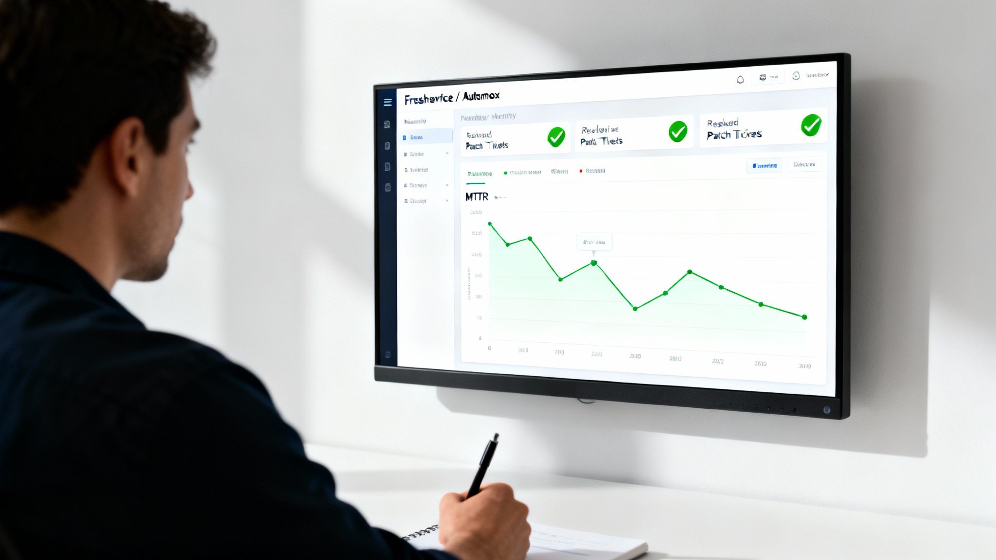 A man views a Freshservice/Automox dashboard on a monitor, showing patch ticket statuses and an MTTR graph, while taking notes.