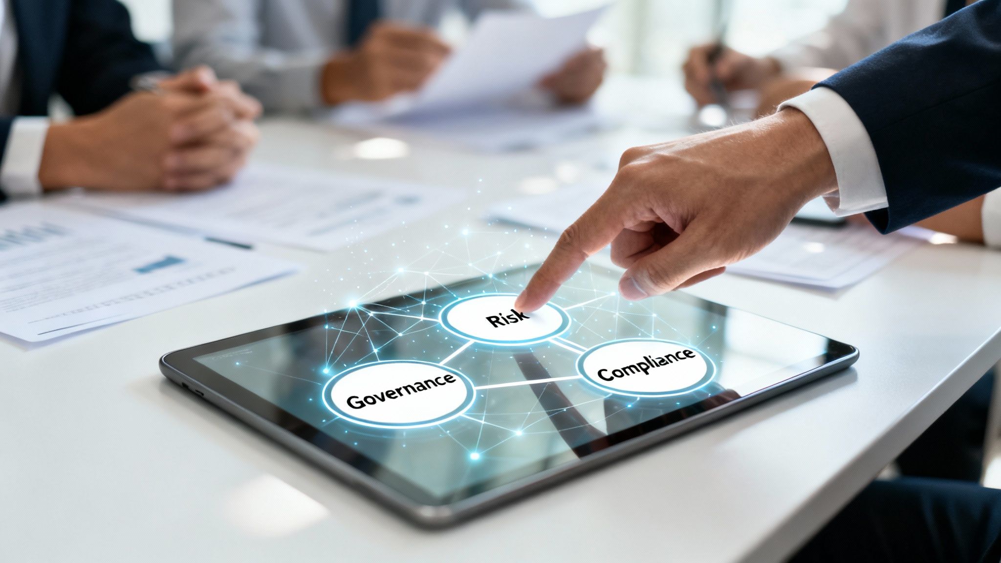A business professional's hand interacts with a tablet showing Governance, Risk, and Compliance (GRC) concepts.