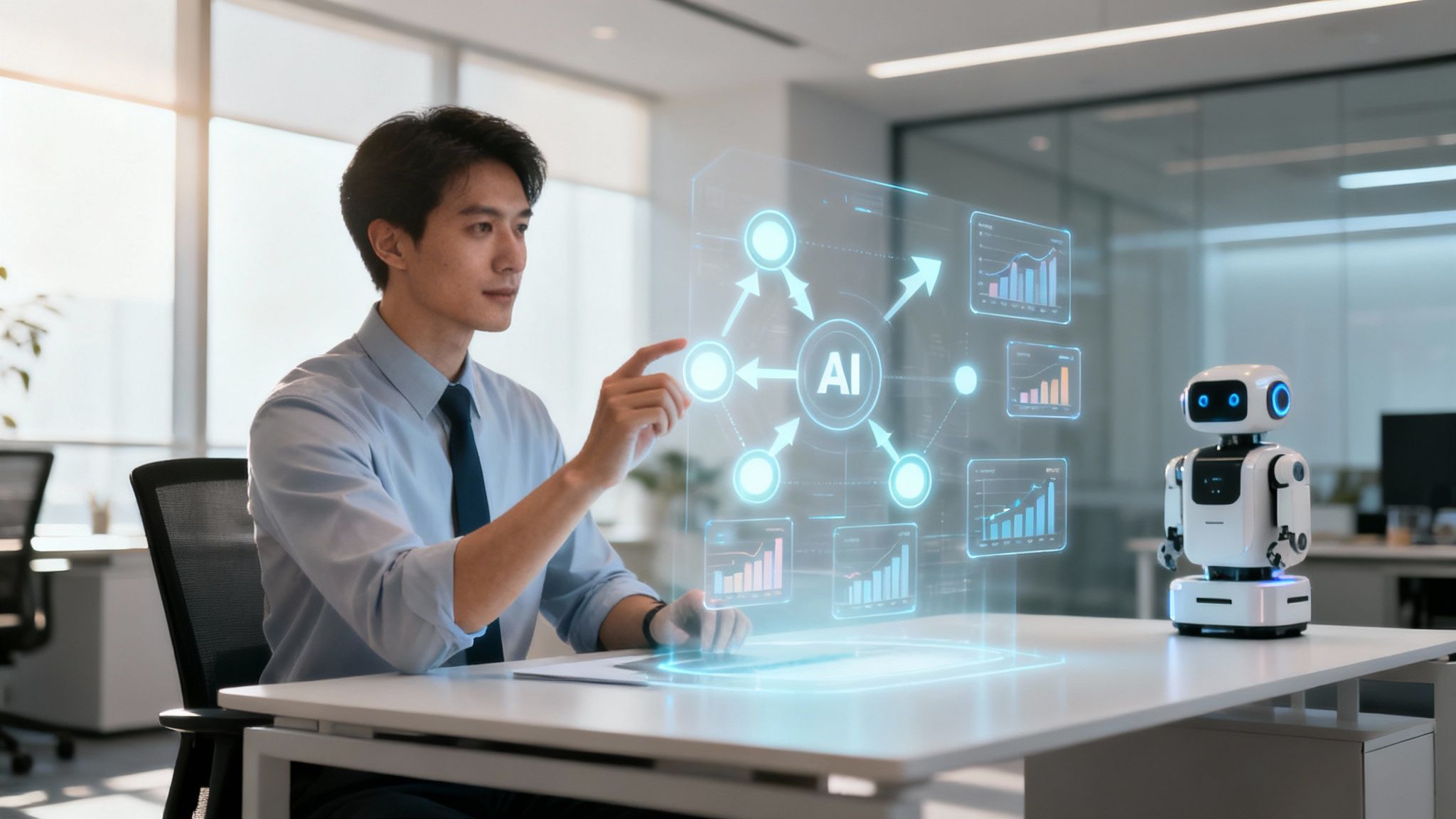 A man interacts with a holographic AI display showing data, next to a white robot in an office.