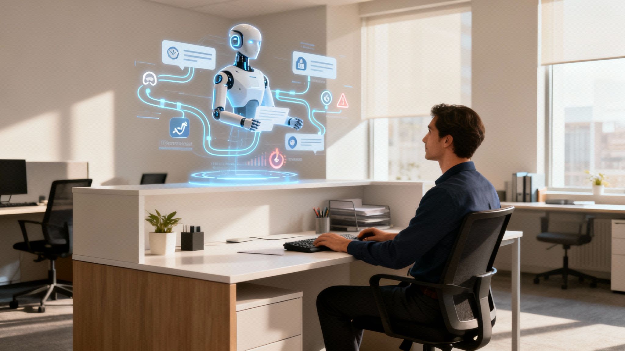 Man interacting with a holographic AI robot displaying data and icons in a modern office.