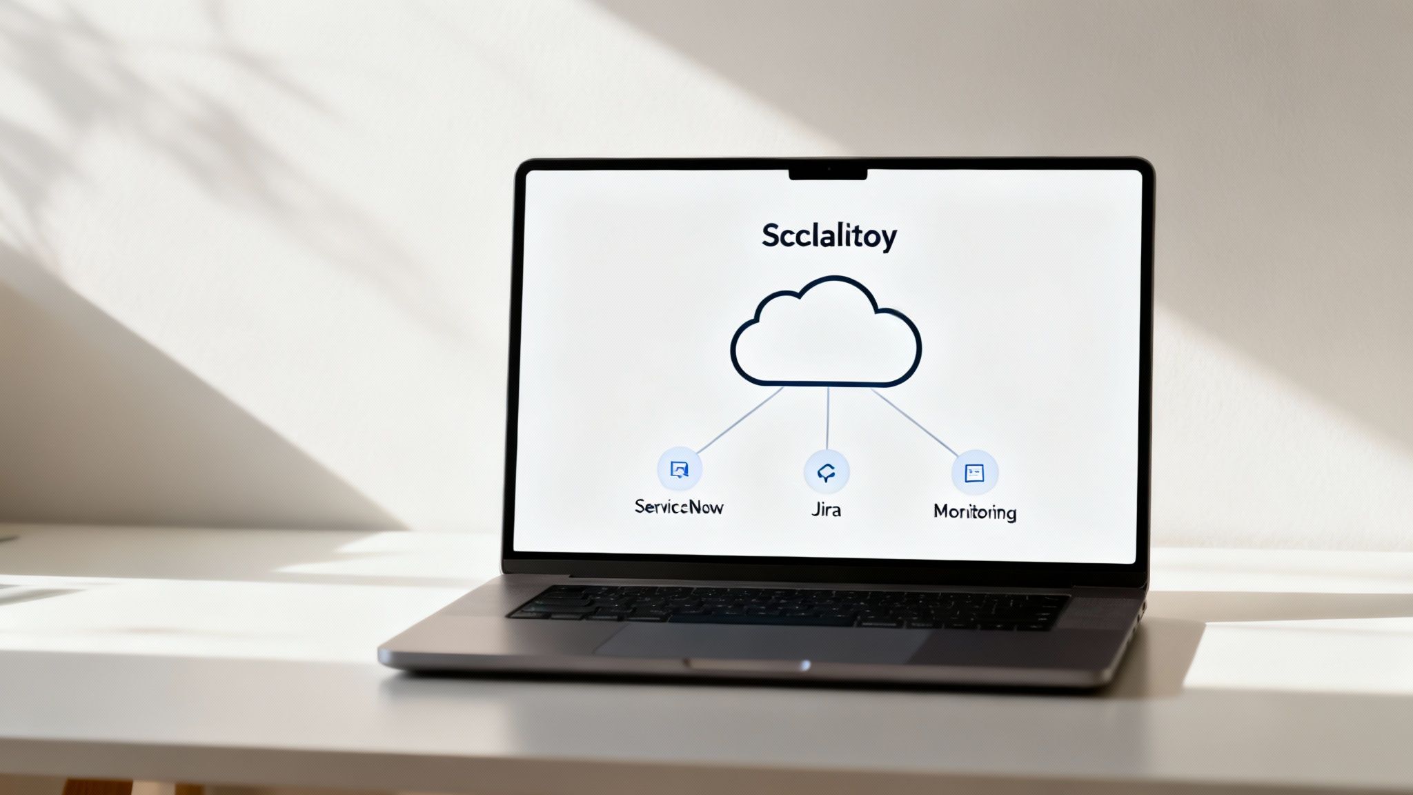 A laptop screen displays a cloud integration diagram with ServiceNow, Jira, and monitoring applications.