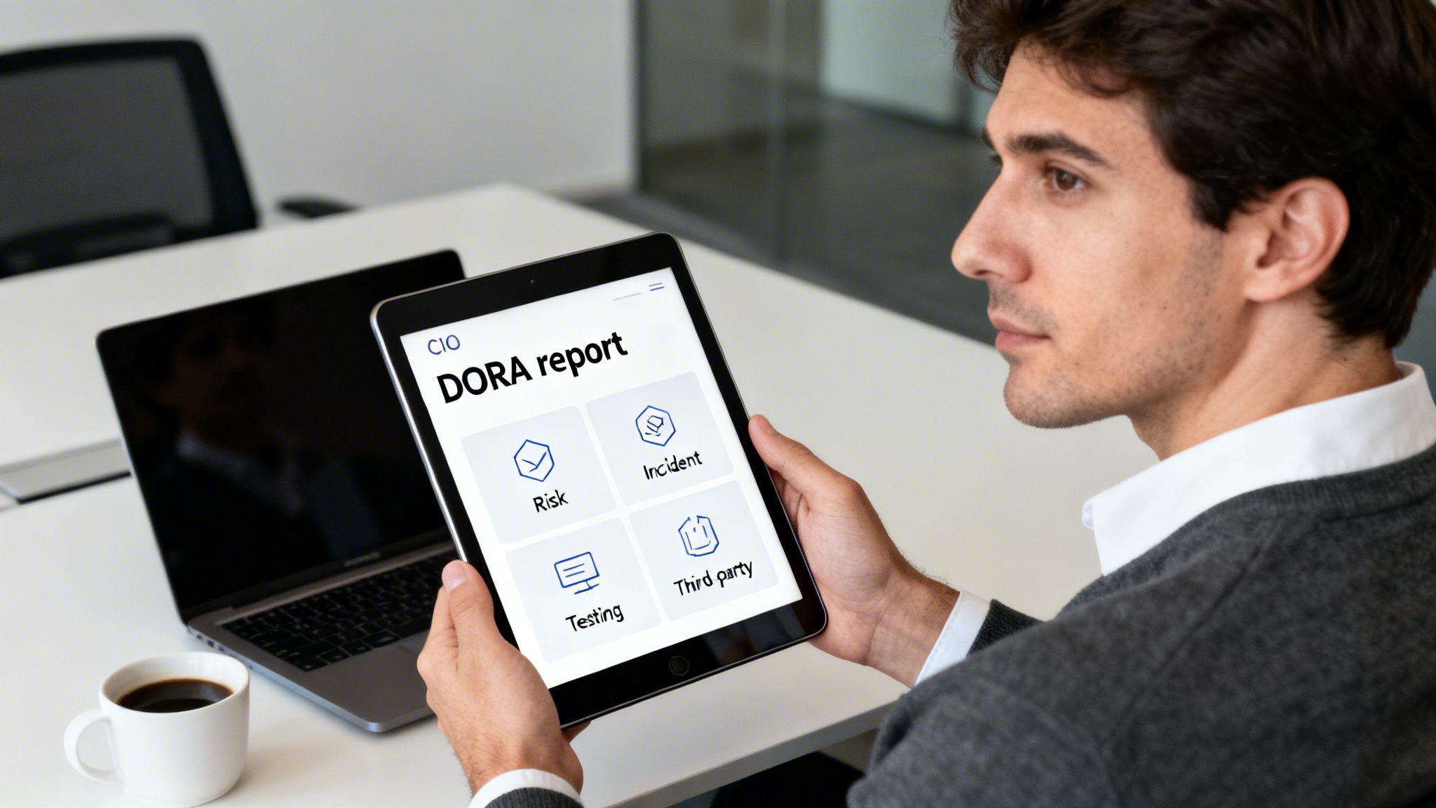 Man viewing a DORA report on a tablet, showing options for risk, incident, testing, and third-party.
