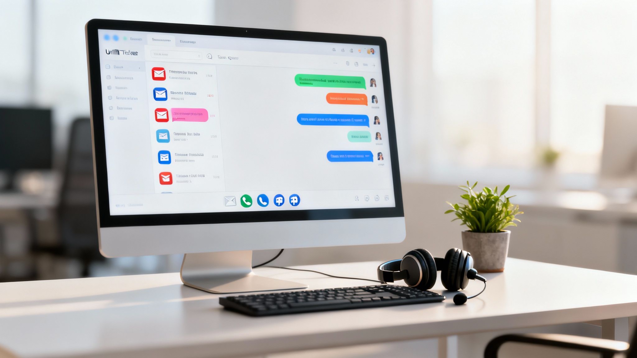 A computer monitor displays a helpdesk messaging application with a keyboard, headphones, and a plant on a desk.
