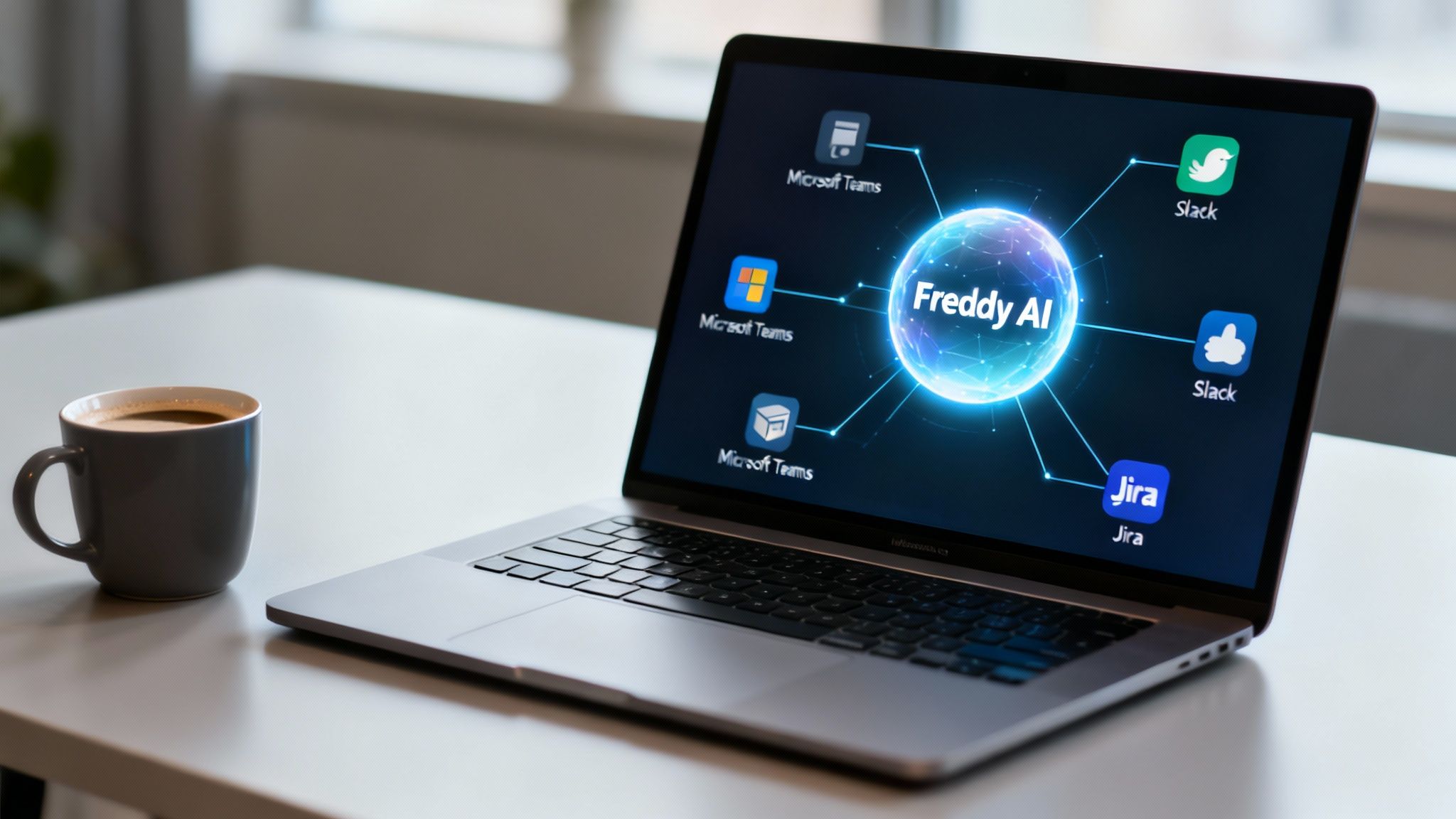 A laptop screen shows Freddy AI integrating with various applications like Microsoft Teams, Slack, and Jira.