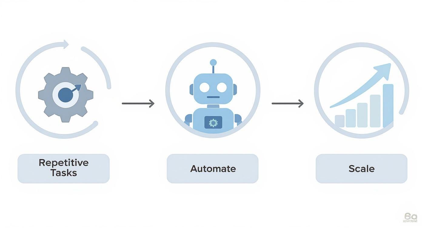 Business automation workflow showing three stages: repetitive tasks, automate with robot, and scale with growth chart