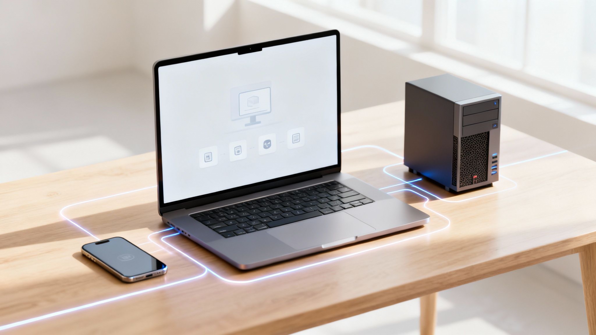 Digital devices: laptop, phone, and PC, connected by glowing lines, symbolizing data flow.