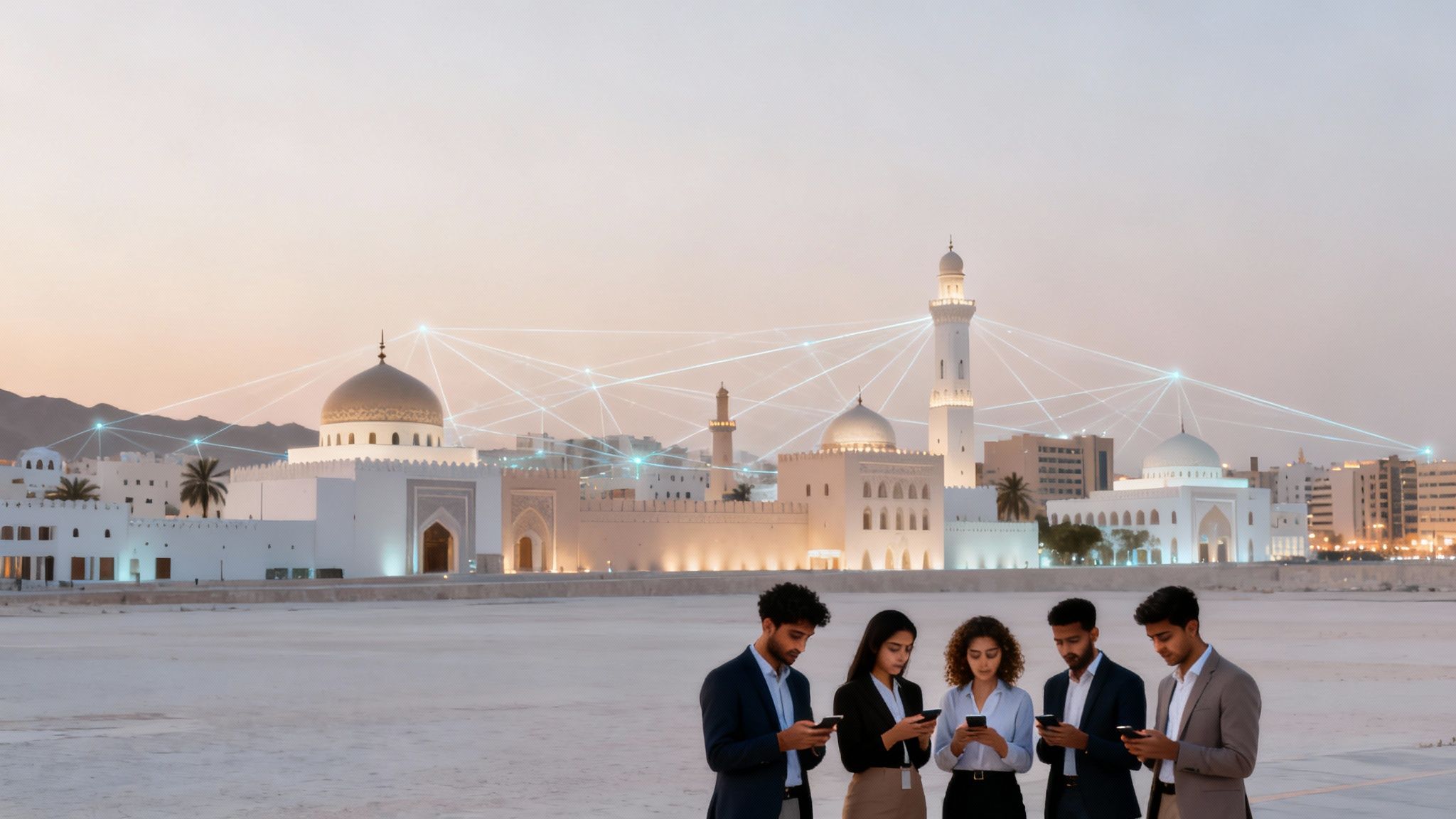 Five diverse business professionals use smartphones with a digitally connected Middle Eastern city in the background.
