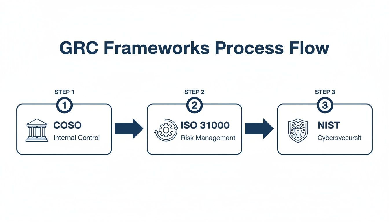 GRC frameworks process flow showing COSO, ISO 31000, and NIST for internal control, risk, and cybersecurity.
