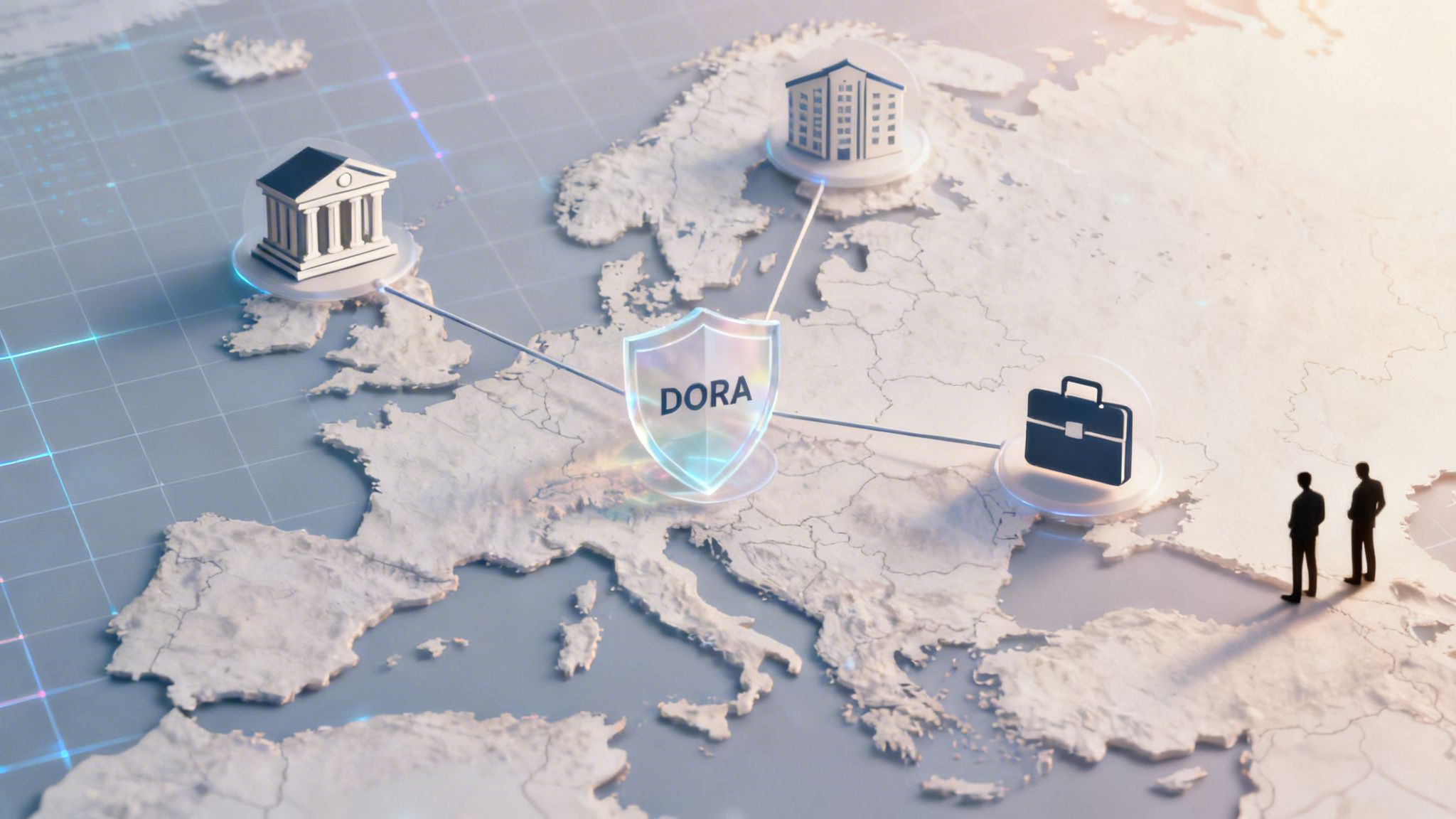 A 3D map of Europe with DORA shield connecting bank, corporate building, and briefcase icons.