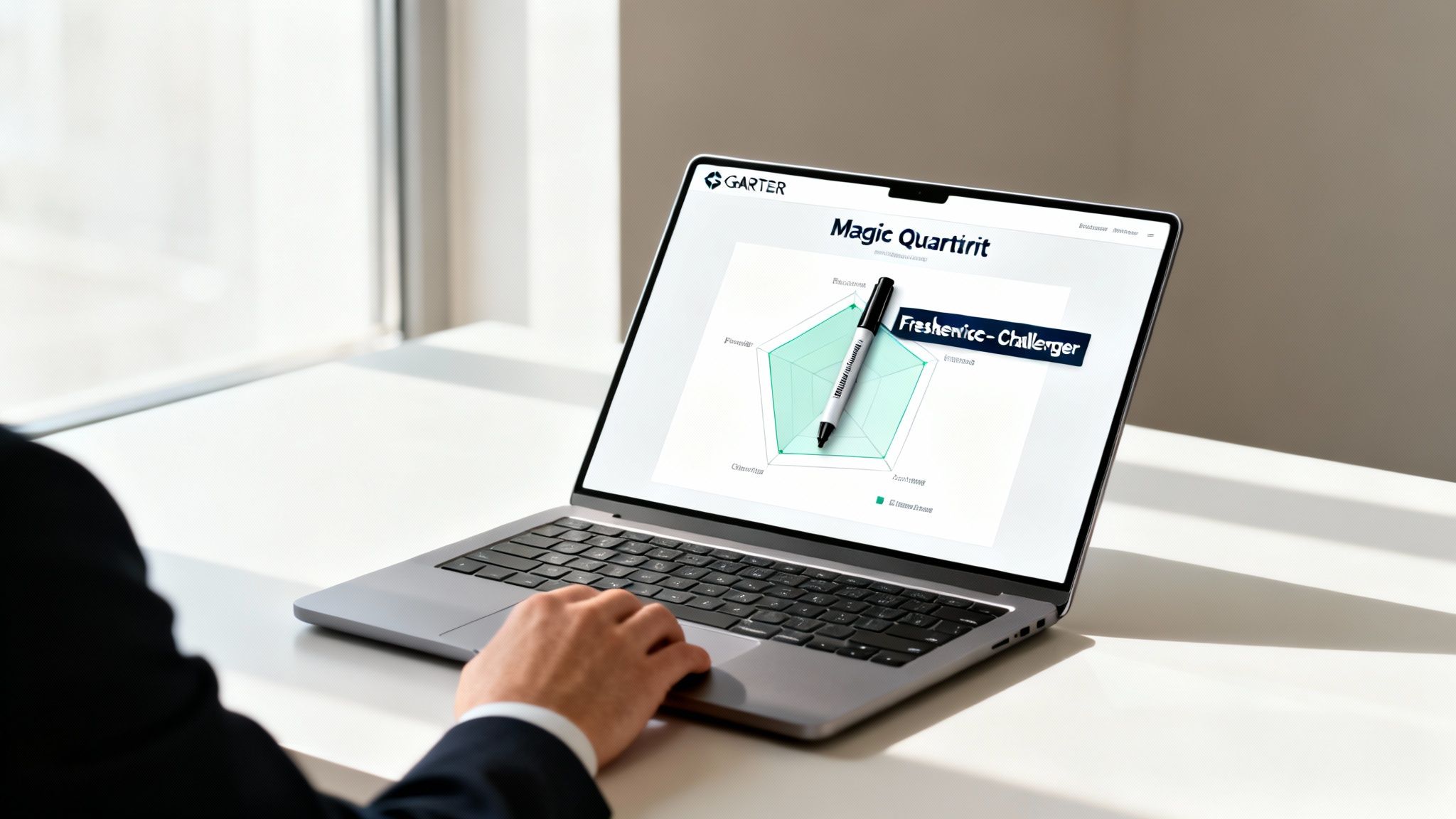 A business professional reviewing a 'Gartner Magic Quadrant' analysis for 'Freshservice-Challenger' on a laptop.