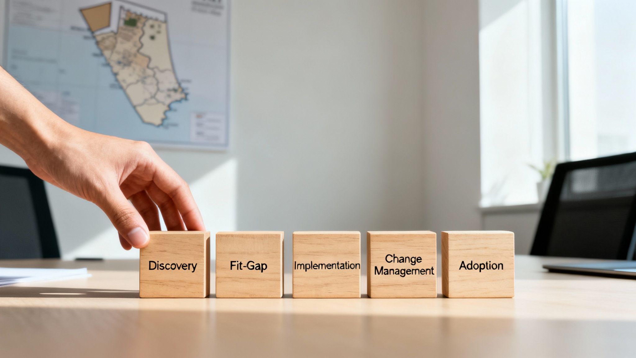 Hand placing wooden blocks outlining a project management process: Discovery, Fit-Gap, Implementation, Change Management, Adoption.
