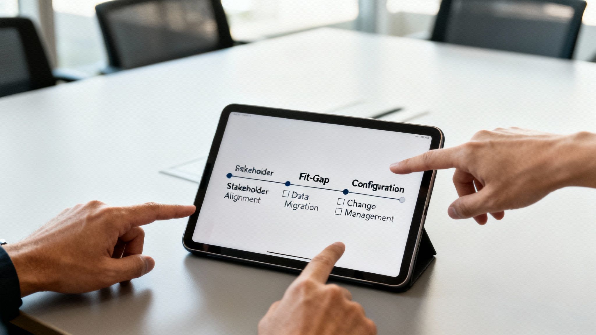 Two people's hands interact with a tablet displaying a project management timeline on a conference table.