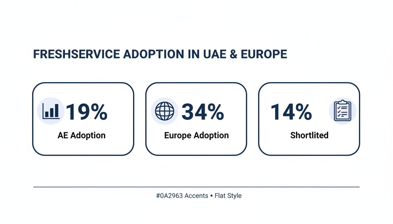 An infographic detailing Freshservice adoption rates: 19% in AE, 34% in Europe, and 14% Shortlited.