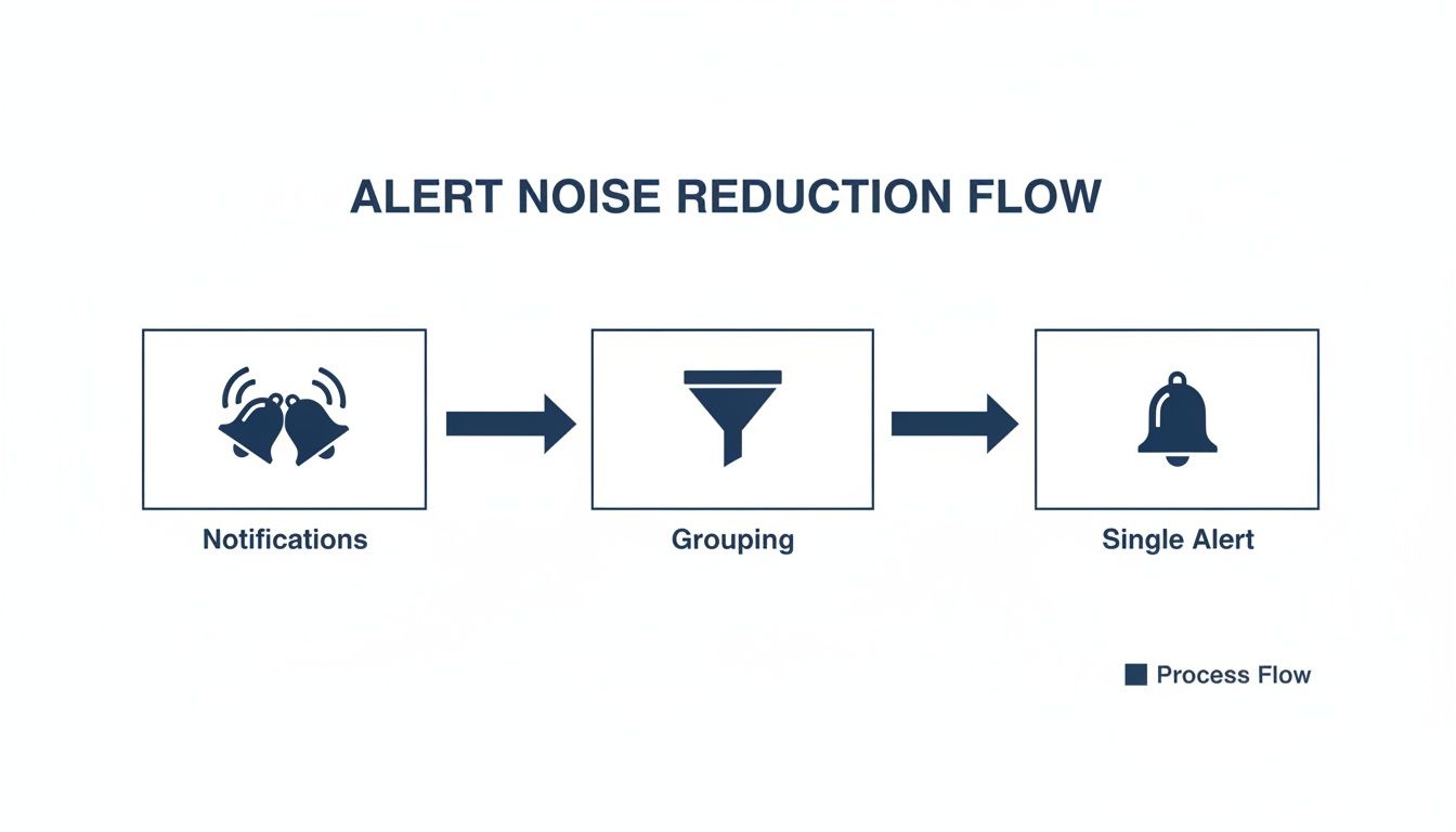 Flowchart illustrating alert noise reduction from multiple notifications through grouping to a single alert.