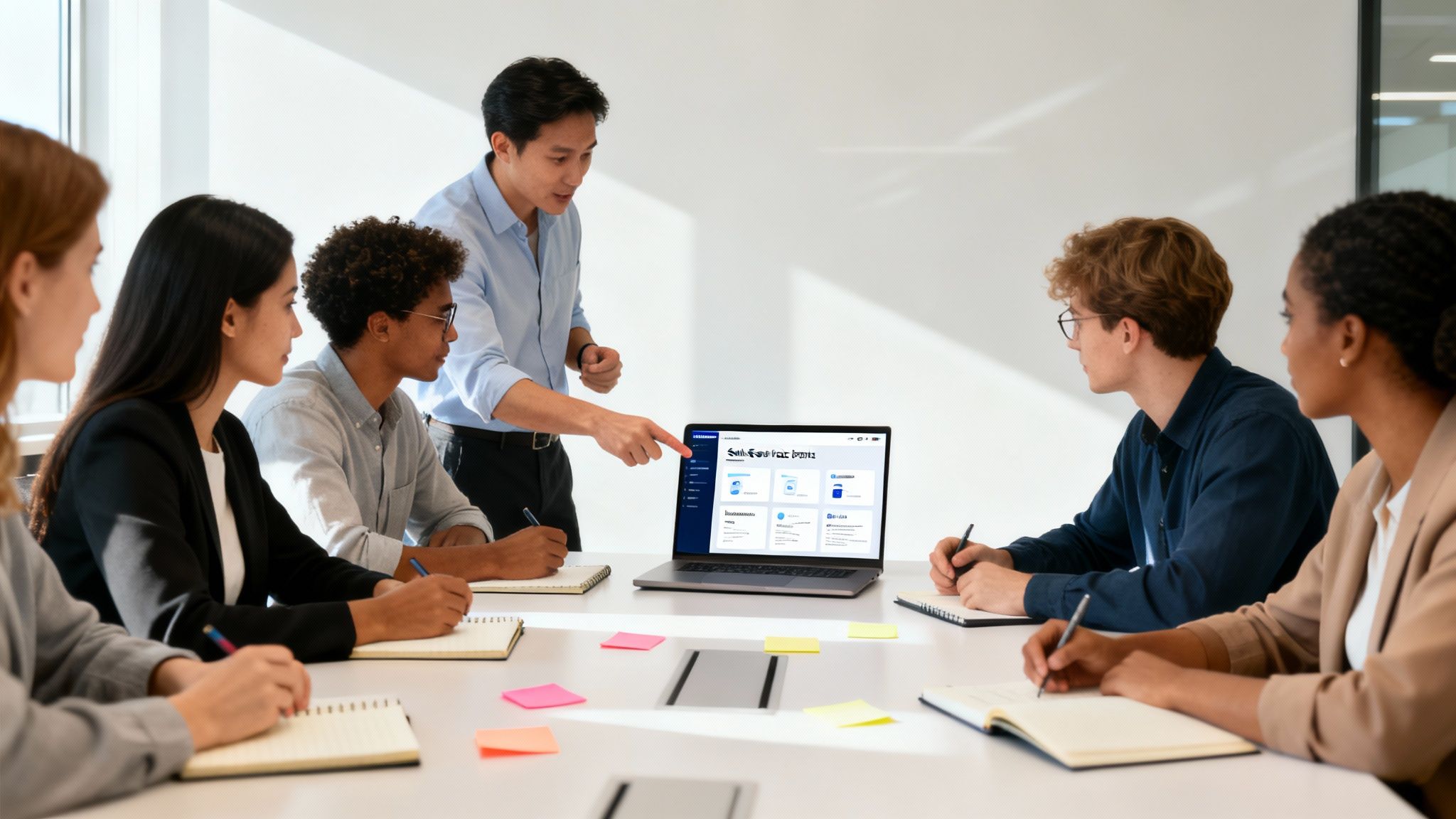 A diverse team of young professionals in a meeting, one man points to a laptop screen.