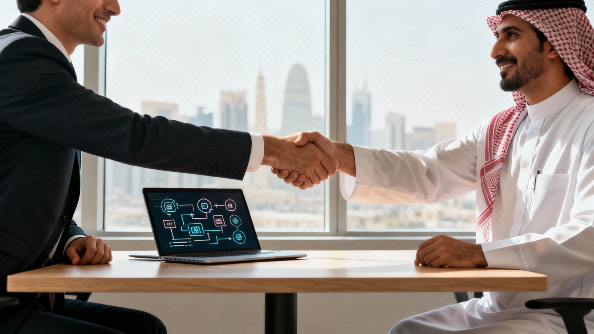 Two businessmen, one in a suit and one in Saudi attire, shaking hands across a table with a laptop, smiling.