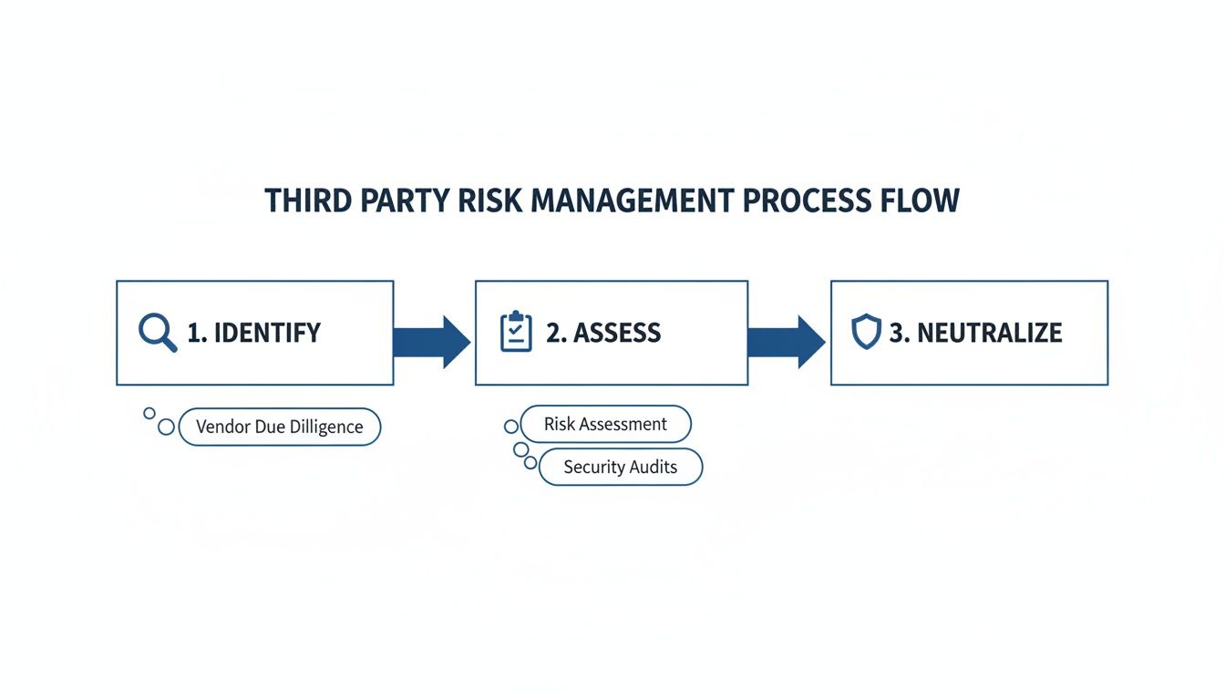 A third-party risk management process flow diagram showing three steps: Identify, Assess, and Neutralize, with sub-steps.