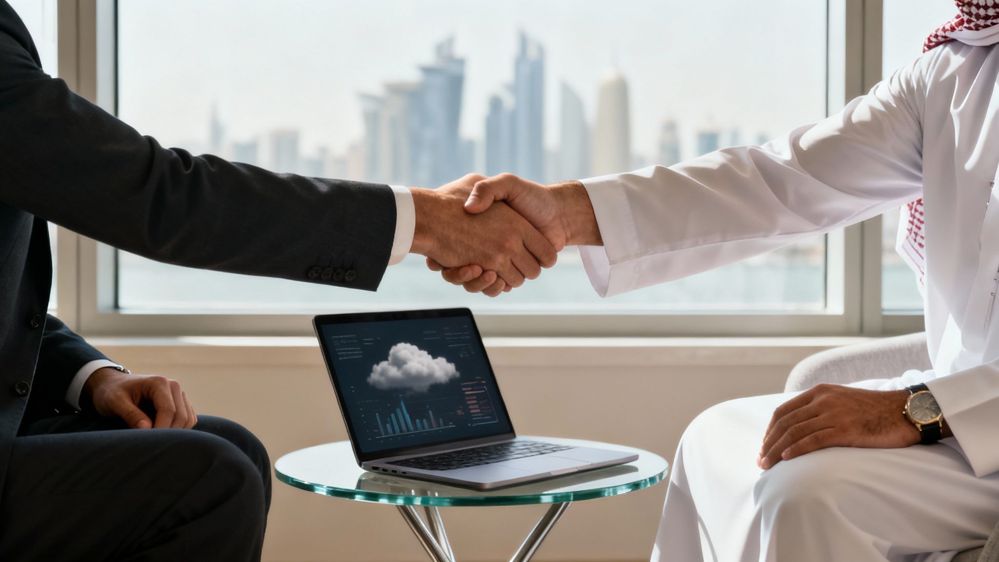 Two businessmen in diverse attire shake hands over a laptop displaying cloud data, against a city skyline.