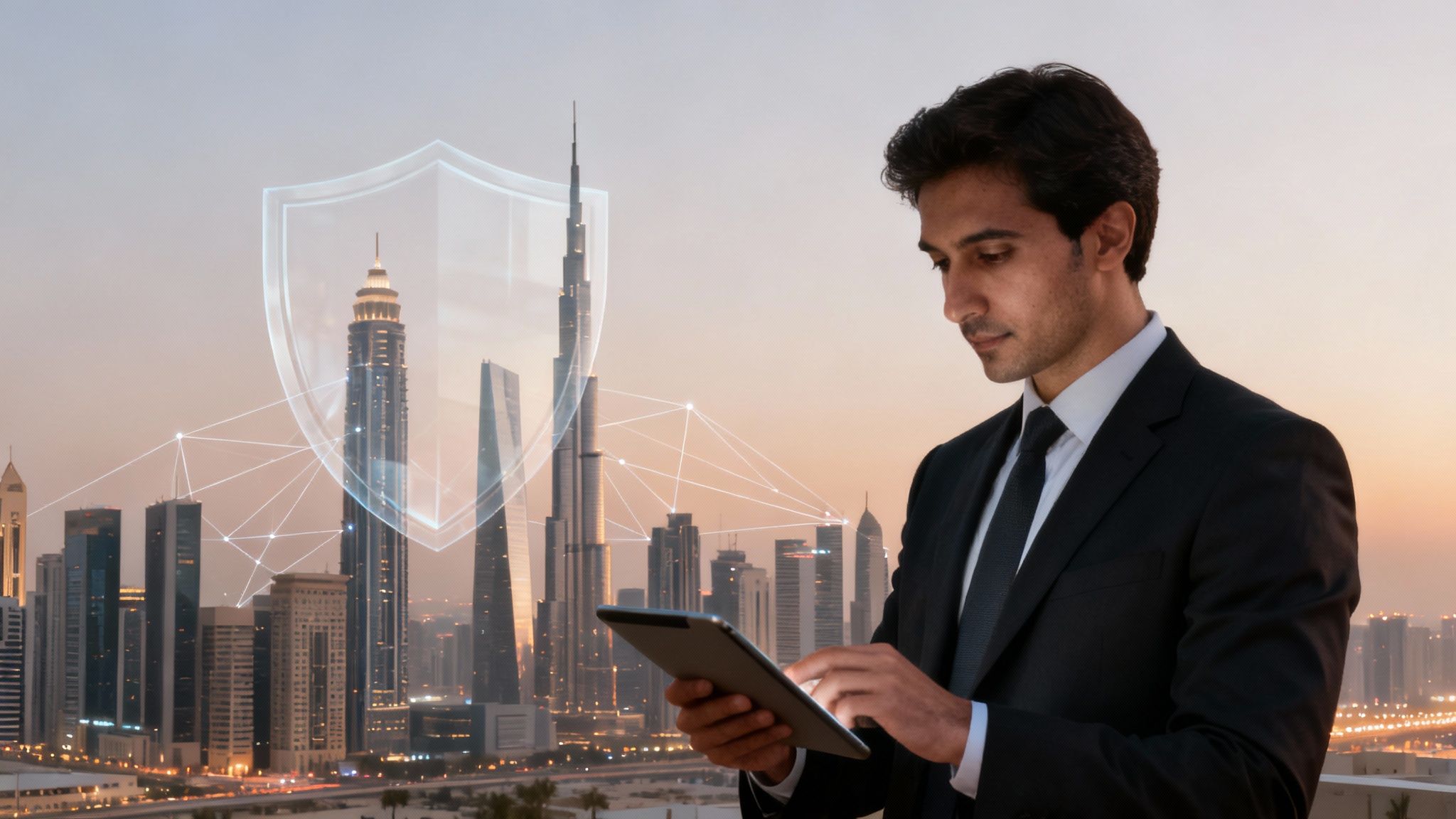 A businessman uses a tablet, overseeing a digital shield and network over a modern Dubai cityscape at dusk.