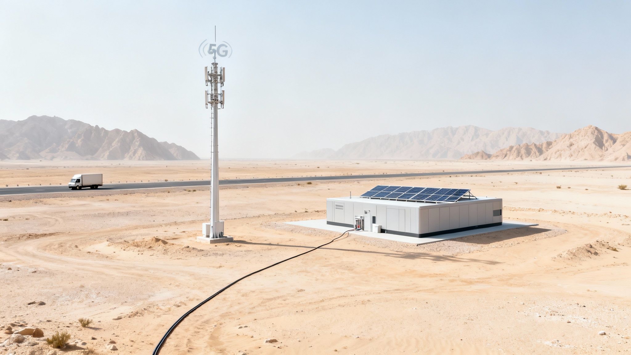 A 5G cell tower and a solar-powered building in a vast desert next to a road with a white truck.