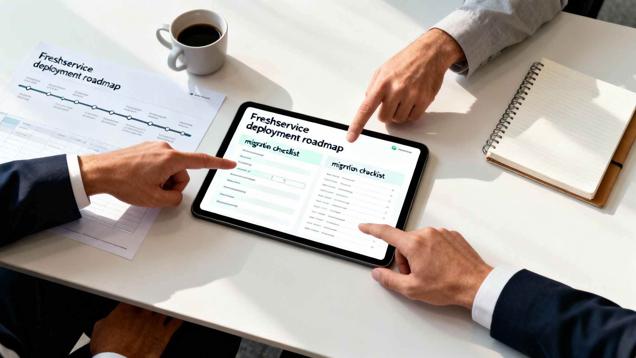 Two business professionals discussing Freshservice deployment roadmap and migration checklist on a tablet and paper.