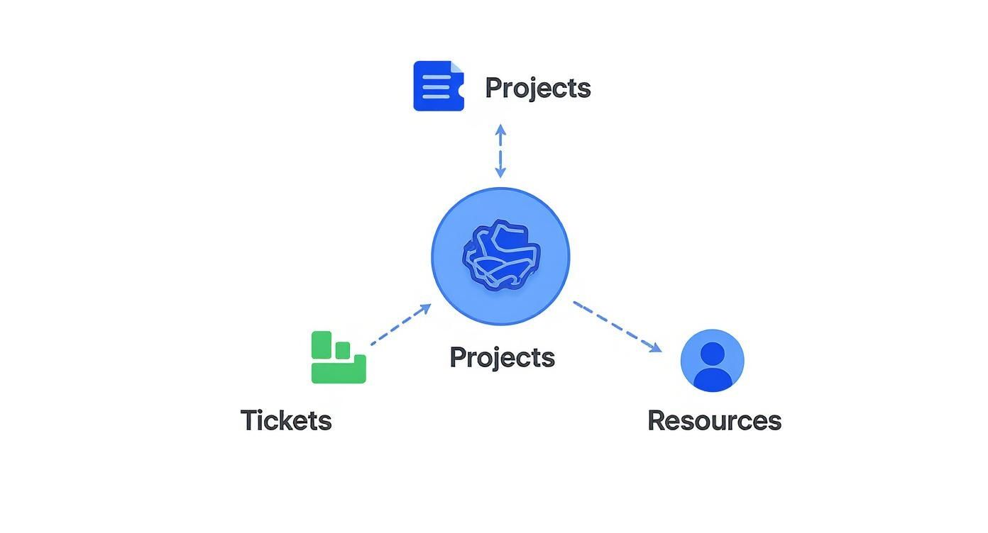 Diagram illustrating a central 'Projects' node connected to 'Tickets', 'Resources', and project documentation.