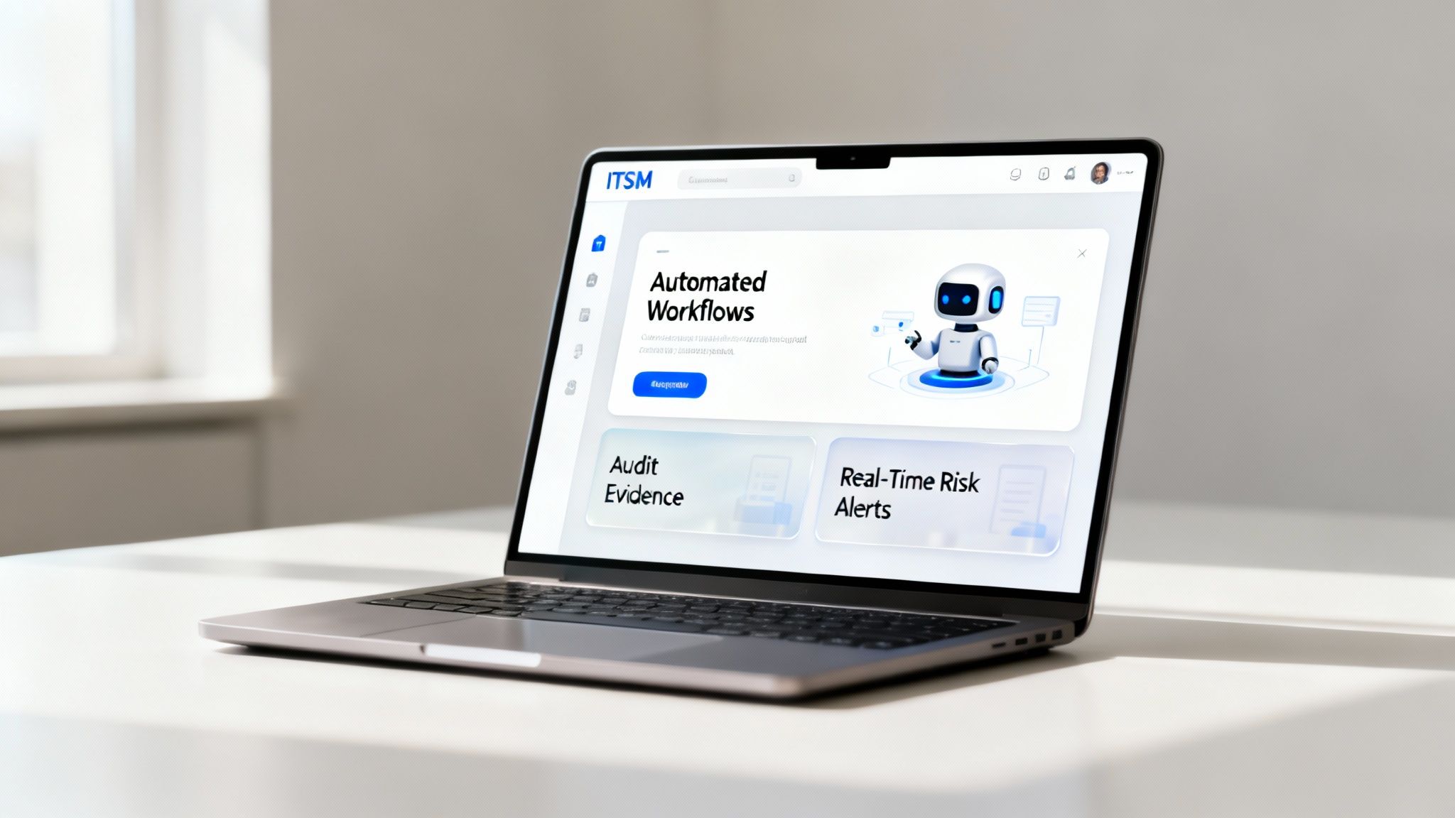 A laptop on a white desk displaying an ITSM dashboard with automated workflows and risk alerts.