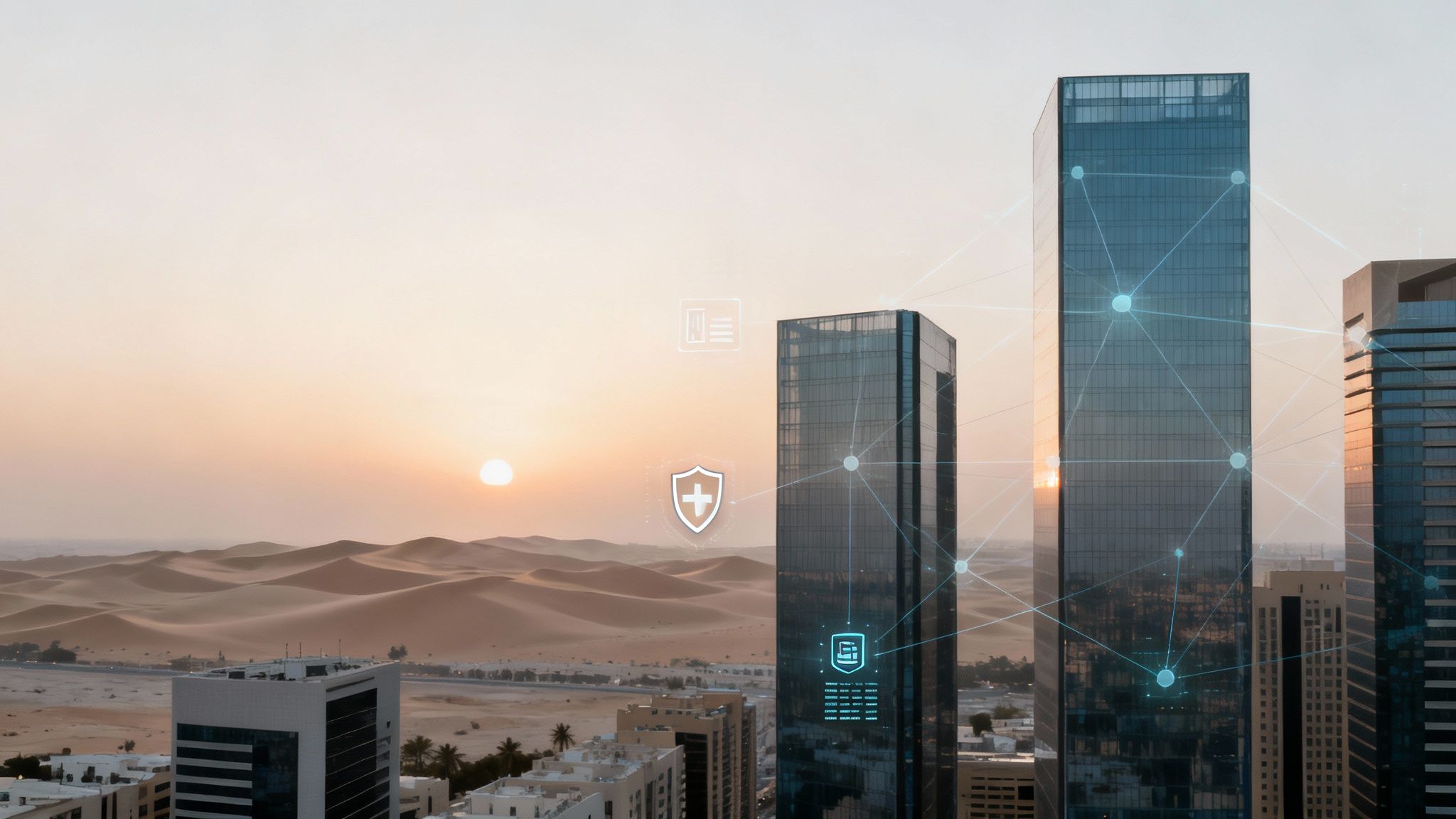 Modern city skyscrapers with digital network overlay against a desert sunset, symbolizing governance, risk, and compliance.