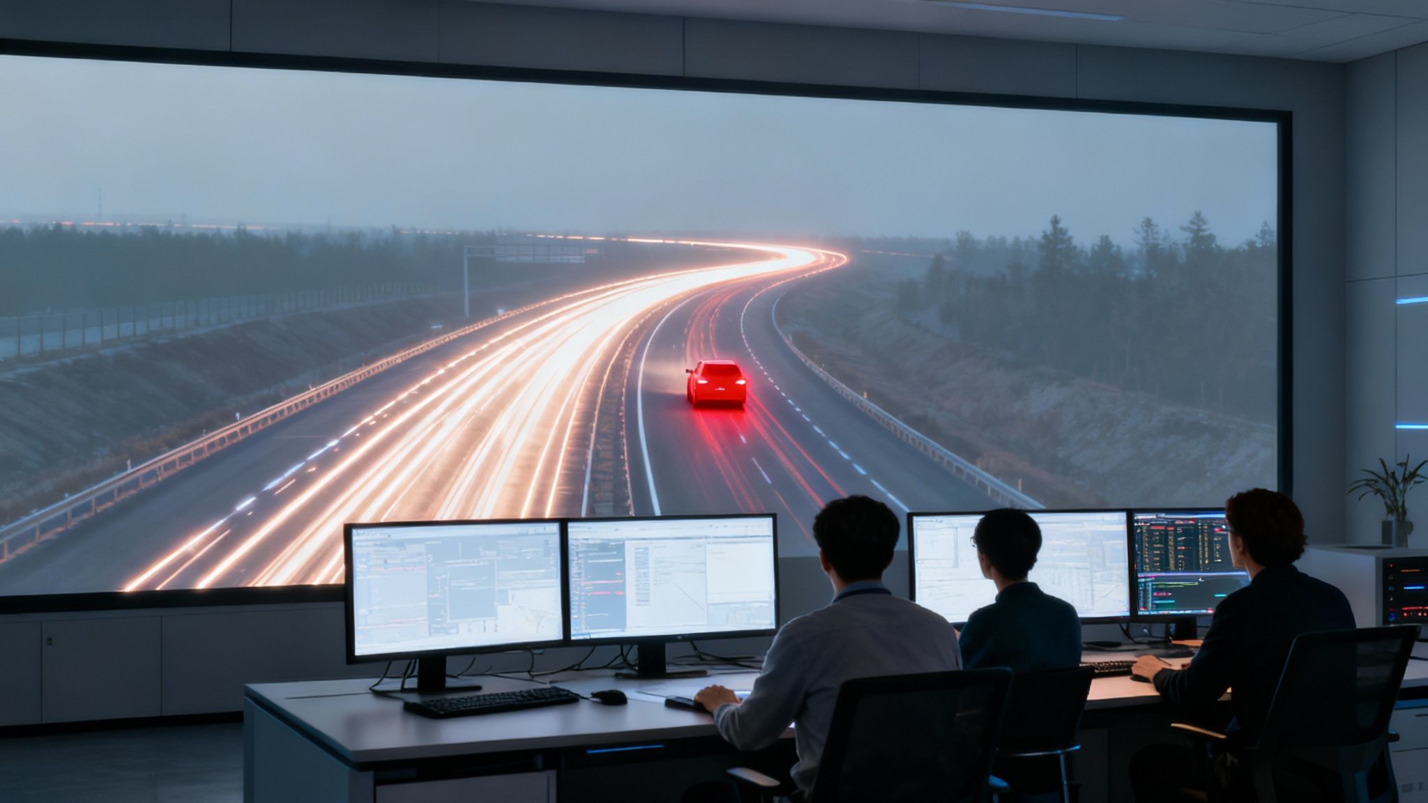 Engineers in a control room analyze data with a highway scene displayed on a large screen.