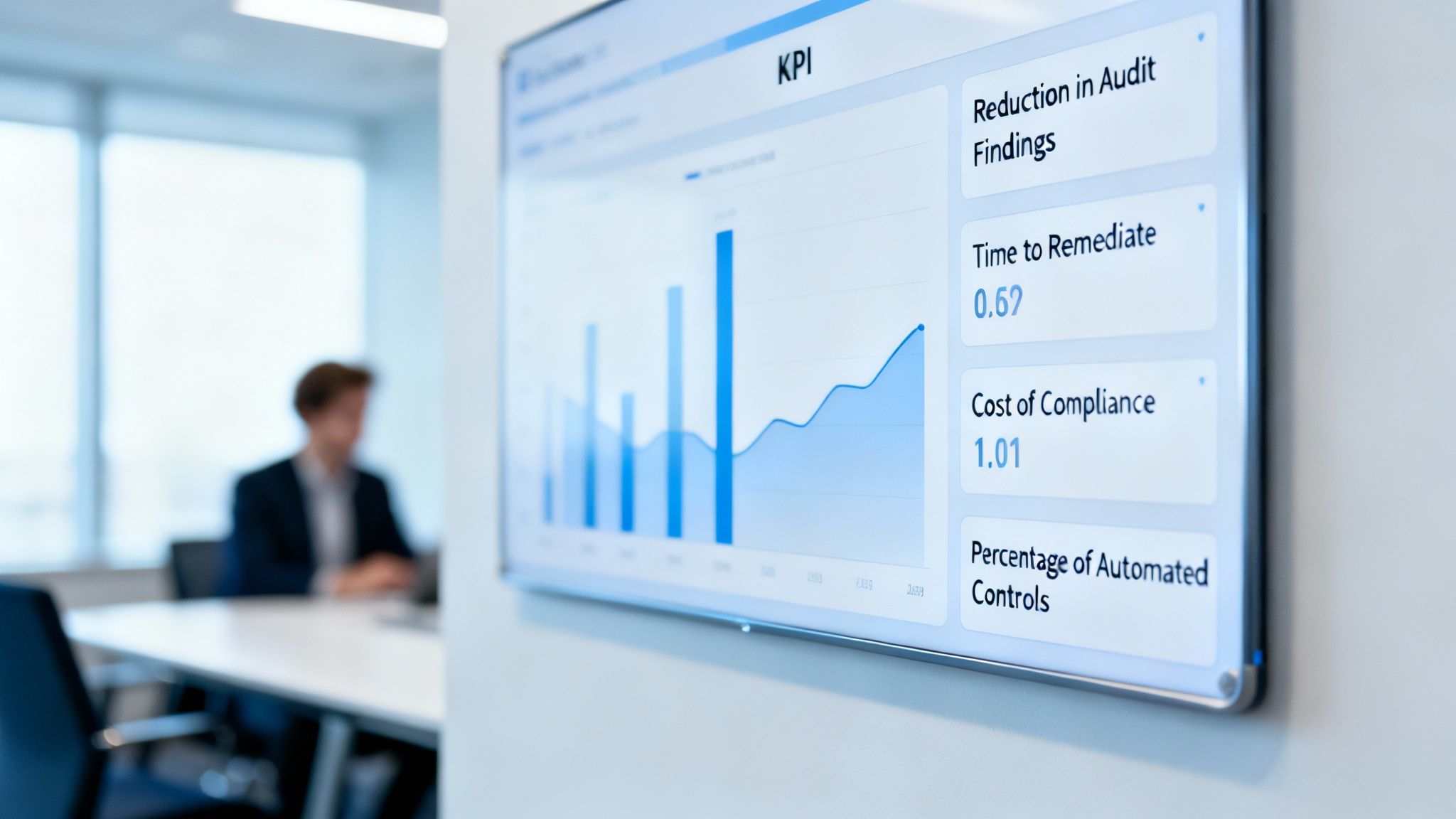 A large digital screen displaying a KPI dashboard with compliance and audit findings in a meeting room.