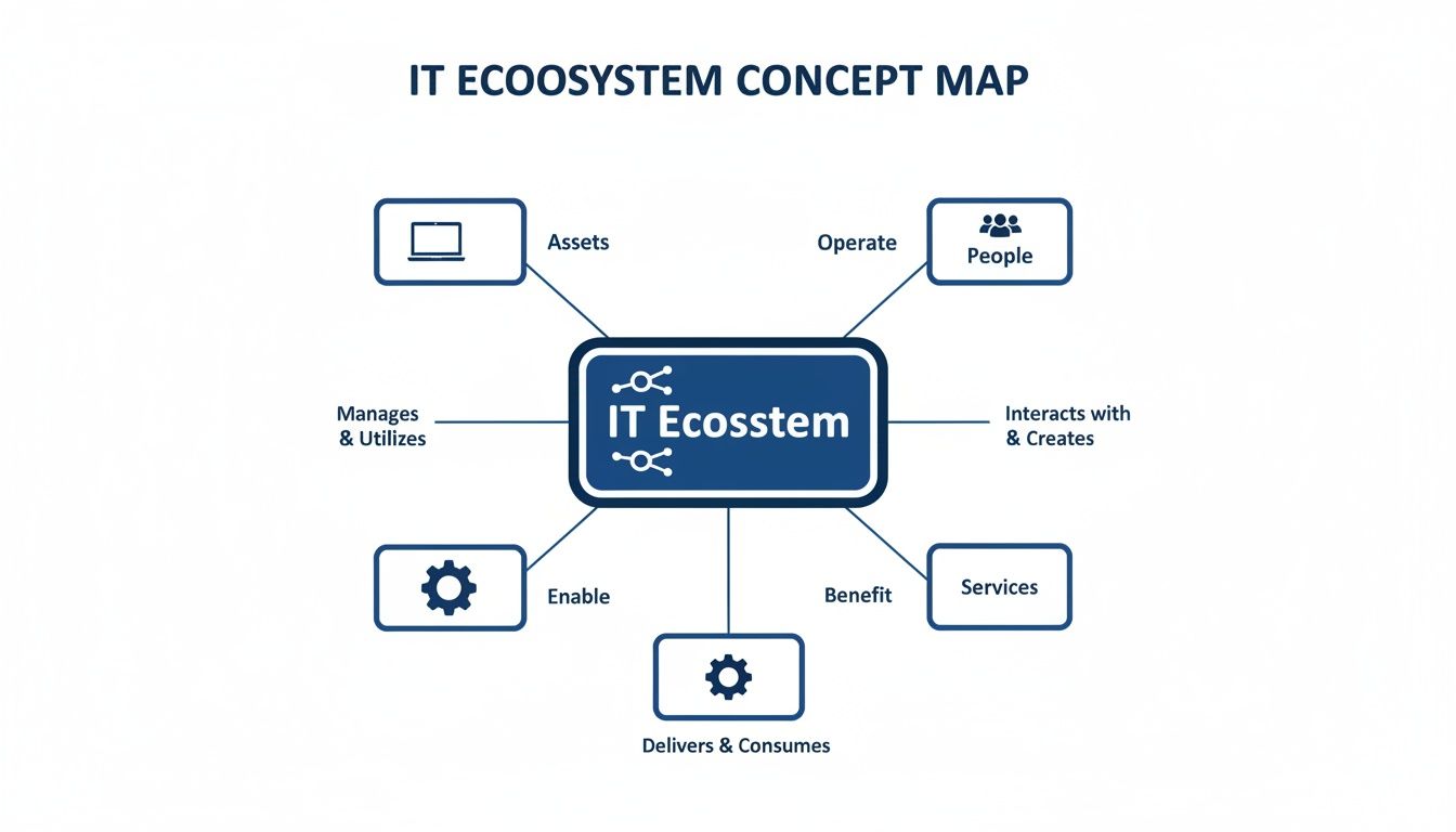 IT ecosystem concept map illustrating the core IT ecosystem interacting with various elements.