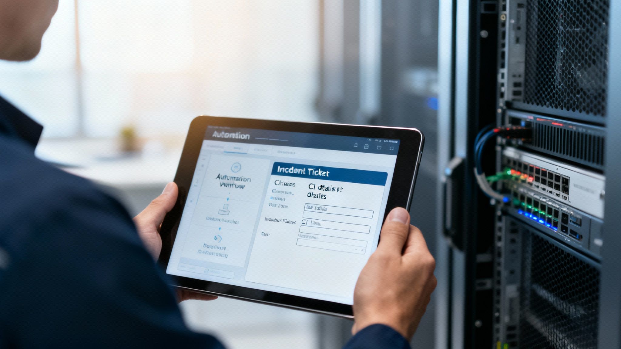 A person views an 'Incident Ticket' form on a tablet, managing IT infrastructure in a data center.