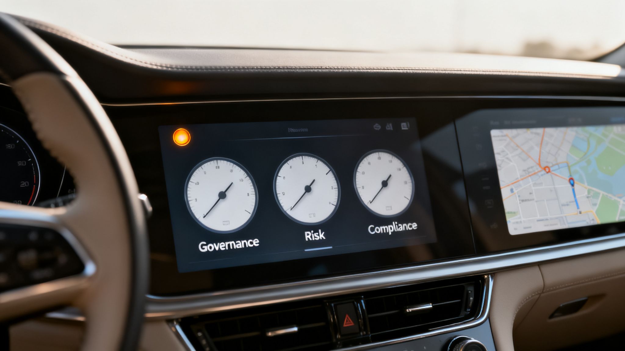 A car dashboard screen displays gauges for governance, risk, and compliance, alongside a navigation map.