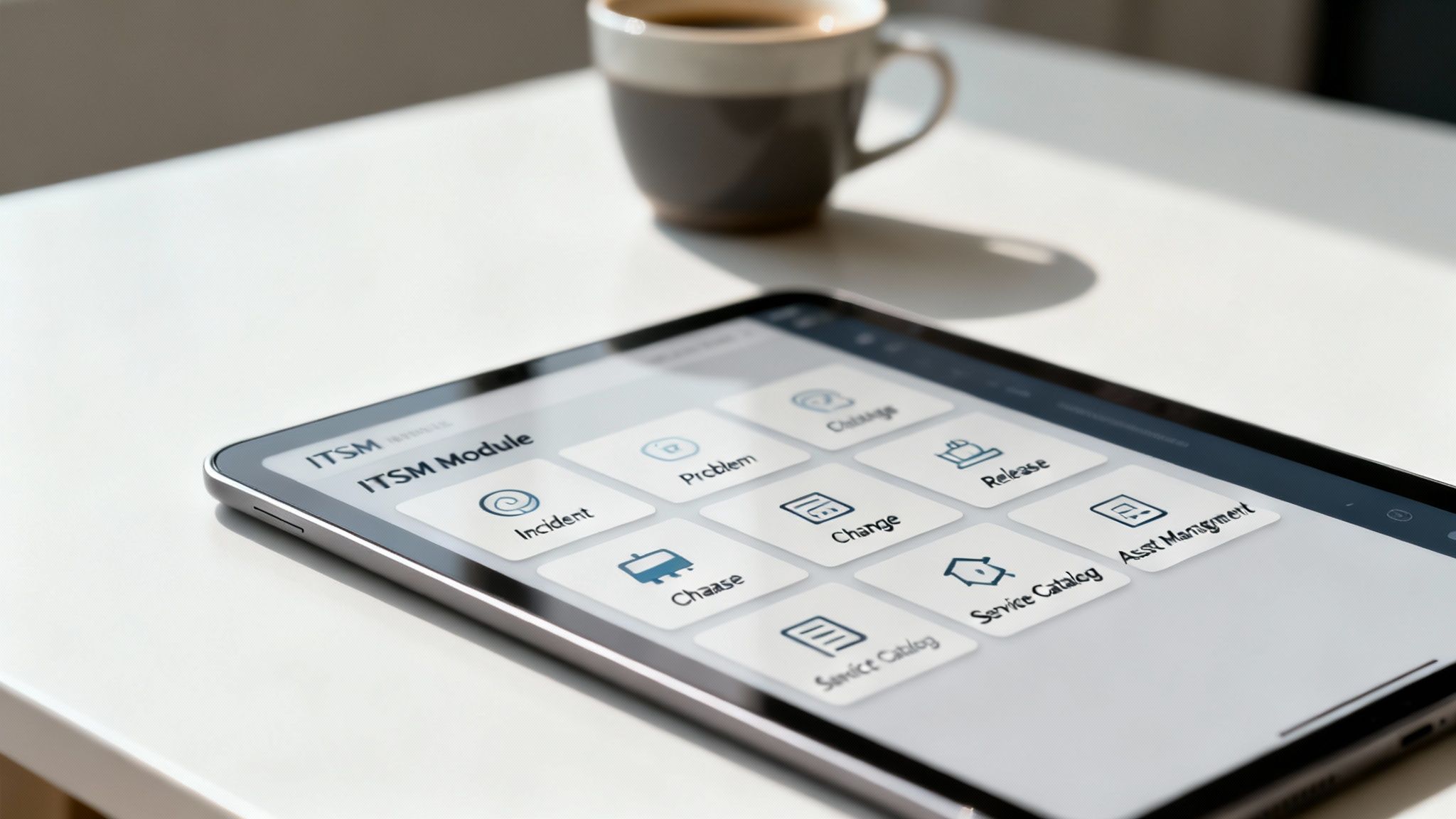 Tablet displaying ITSM service management module interface with incident problem and change tracking options