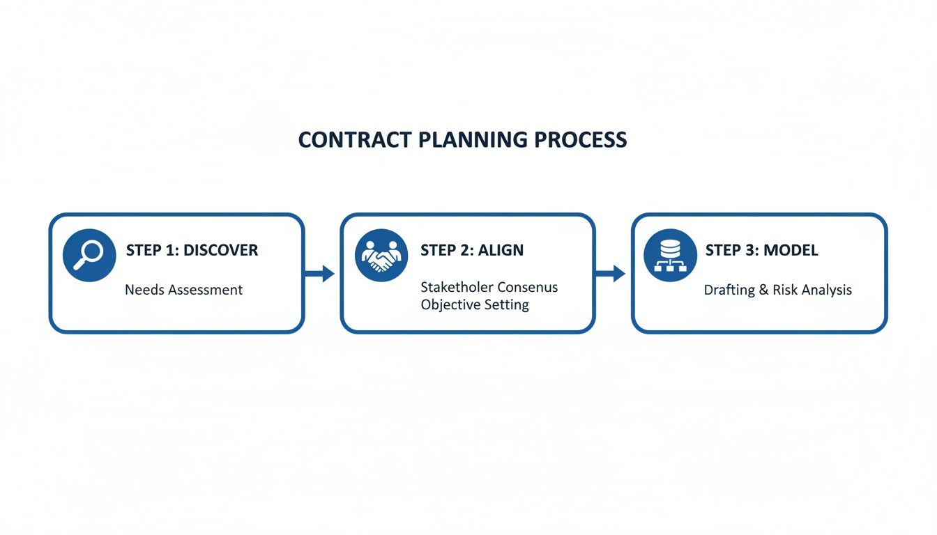 A flowchart outlining the contract planning process, showing three steps: Discover, Align, and Model.