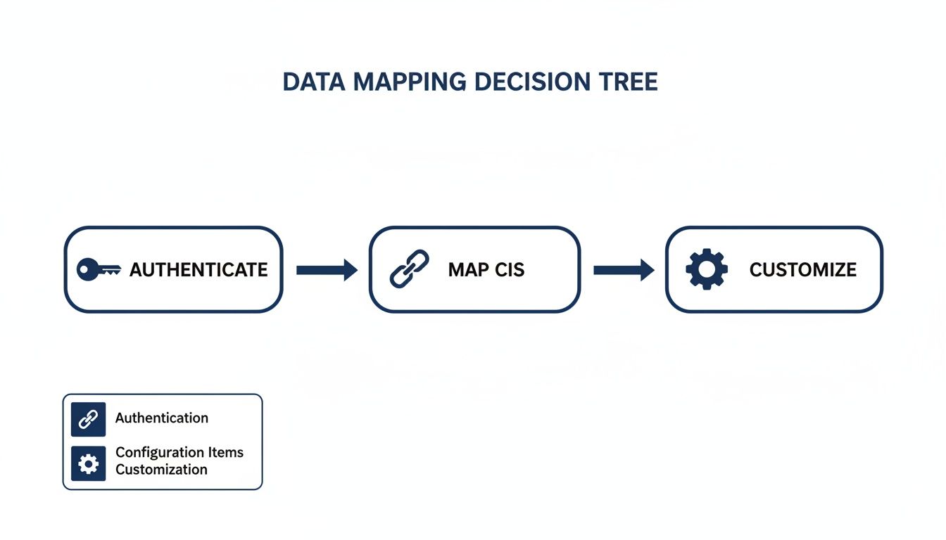 Data mapping decision tree flowchart showing steps to Authenticate, Map CIS, and Customize.