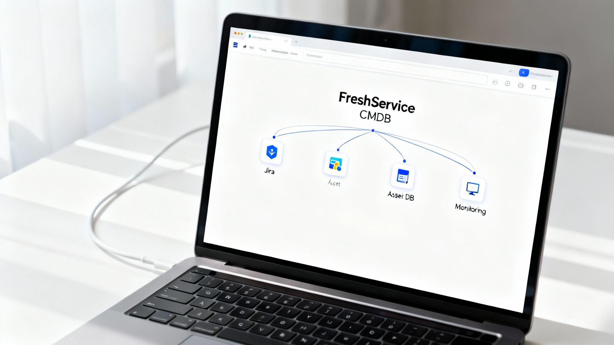 FreshService CMDB dashboard displaying integrations with Jira, Asset, Asset DB, and Monitoring tools on laptop screen