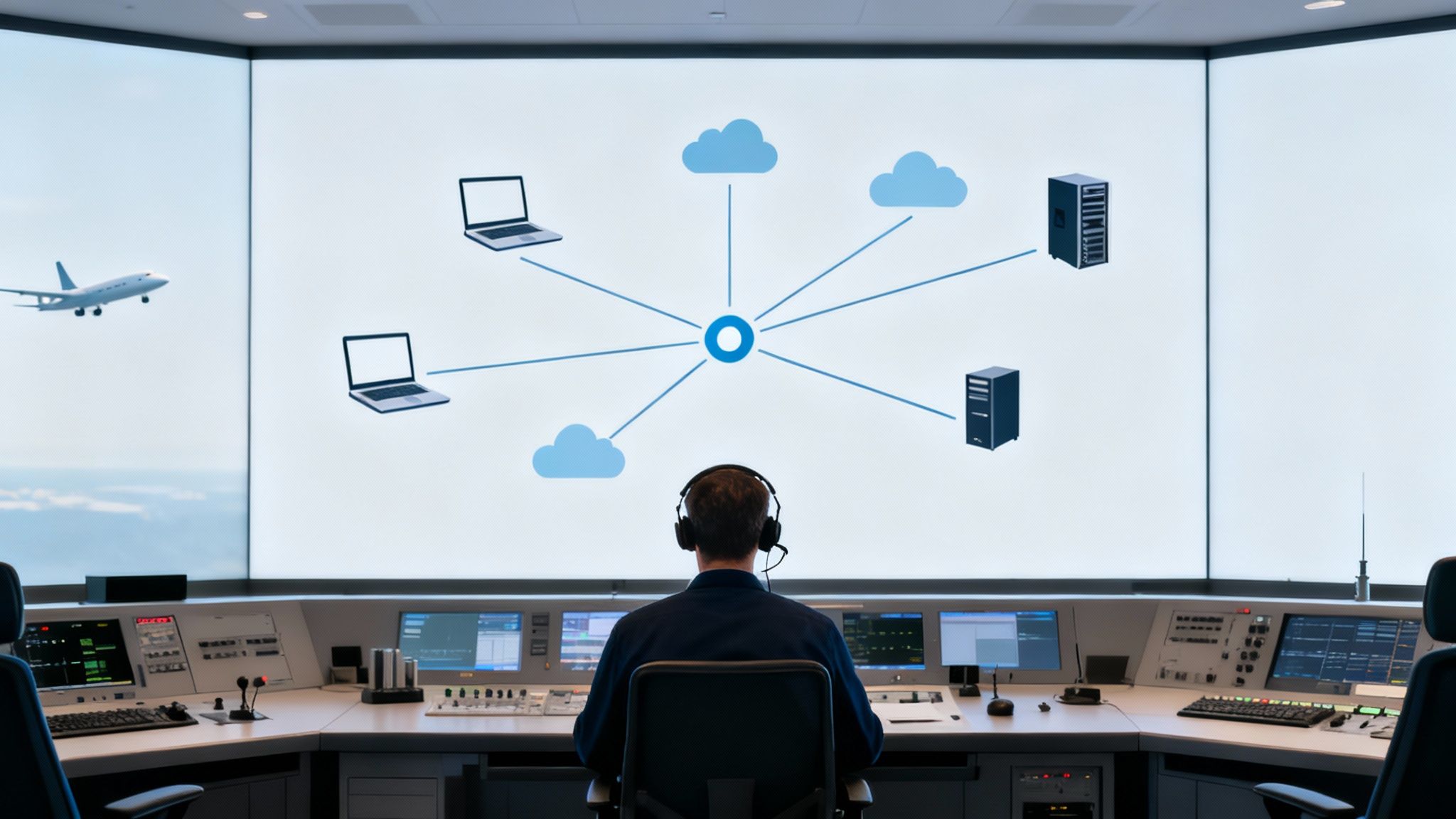 A person in a control room observes a large screen displaying an IT network diagram and an airplane.