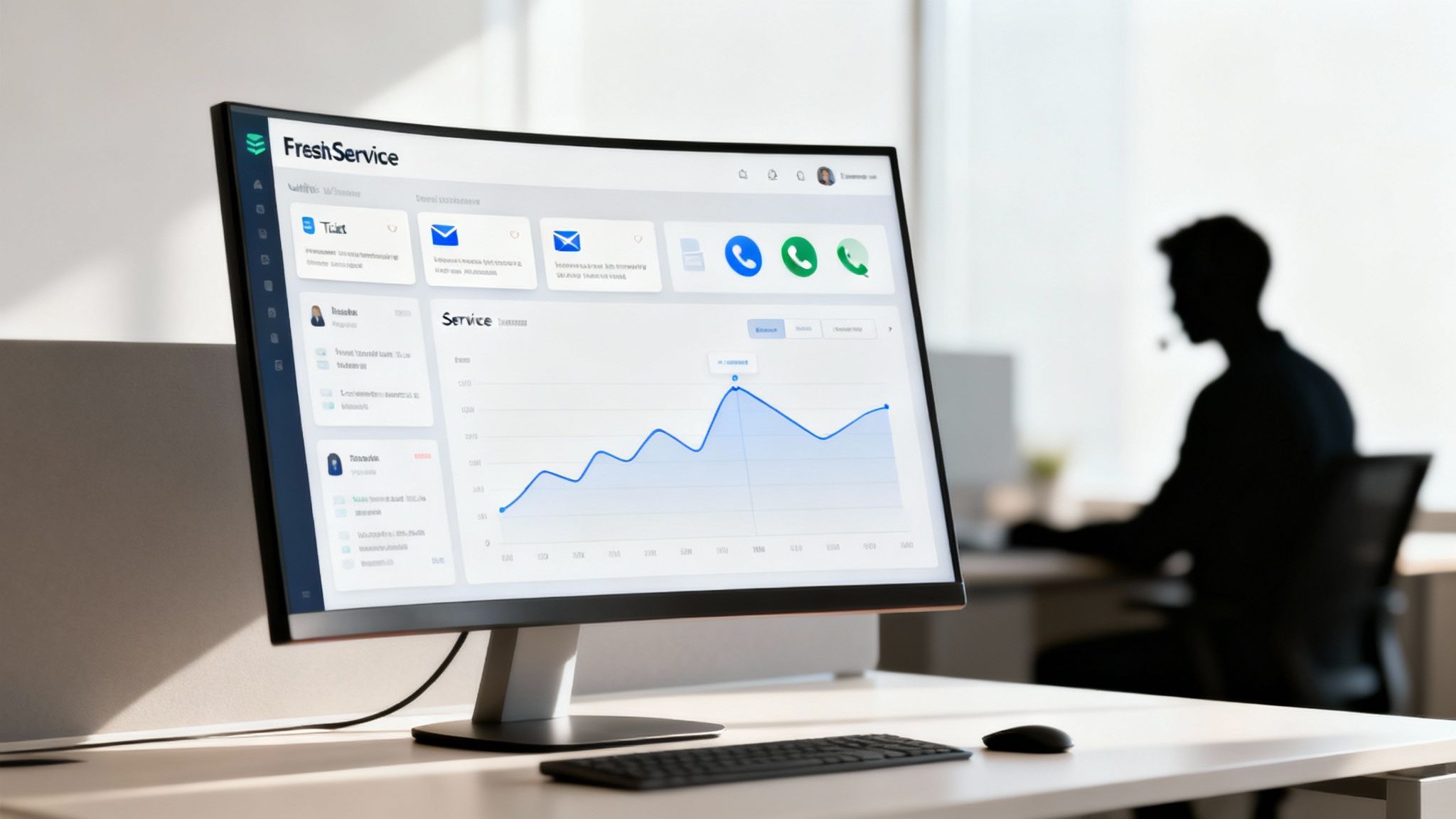 A computer monitor displays the FreshService dashboard with charts and data, featuring a blurred person working in the background.