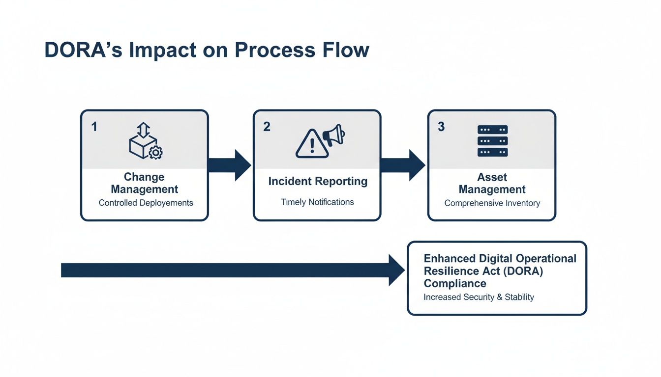 Flowchart illustrating DORA's impact on process, detailing change, incident reporting, and asset management for compliance.