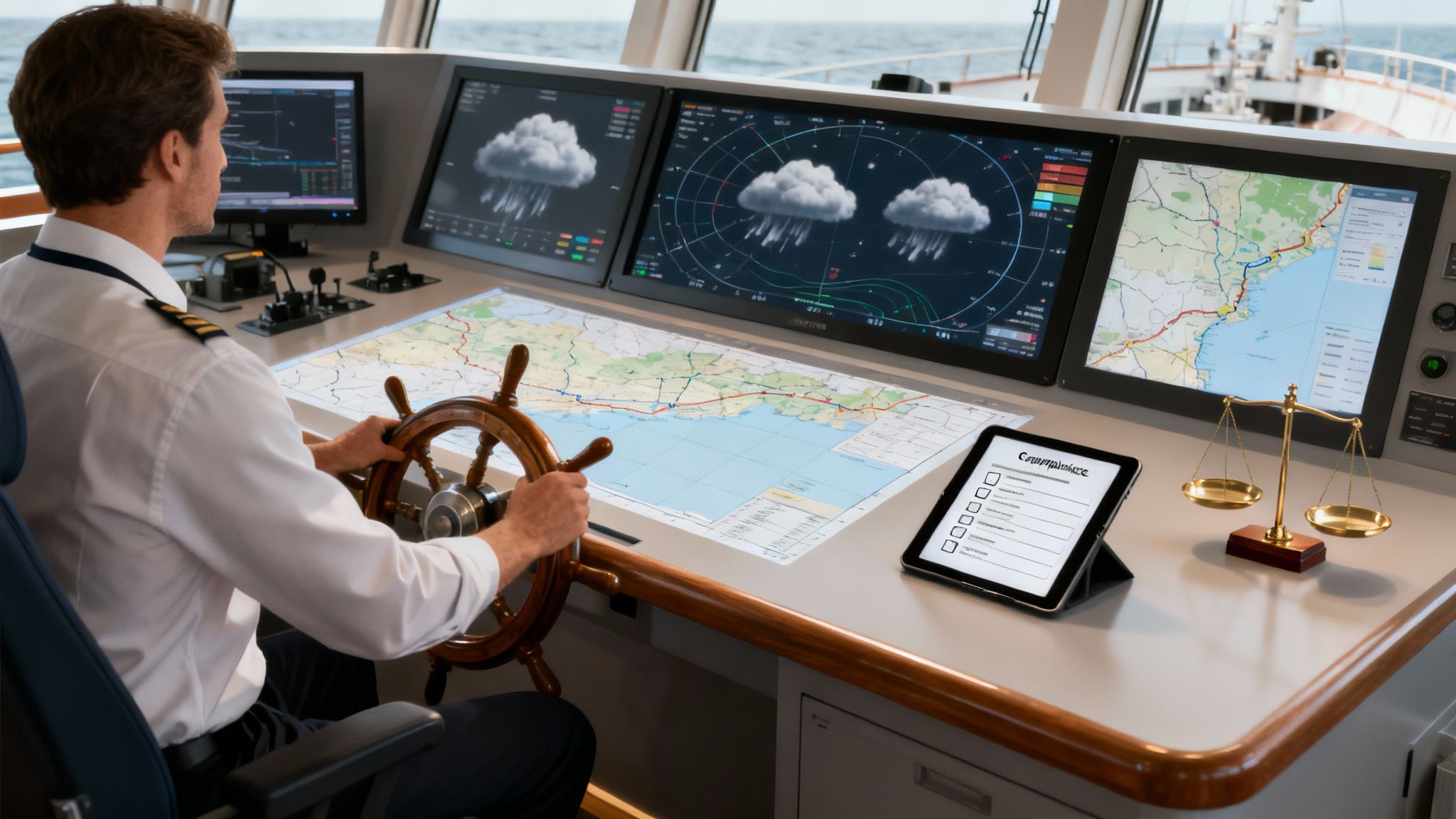 A ship captain navigates on the bridge with screens showing weather, maps, and a compliance checklist.