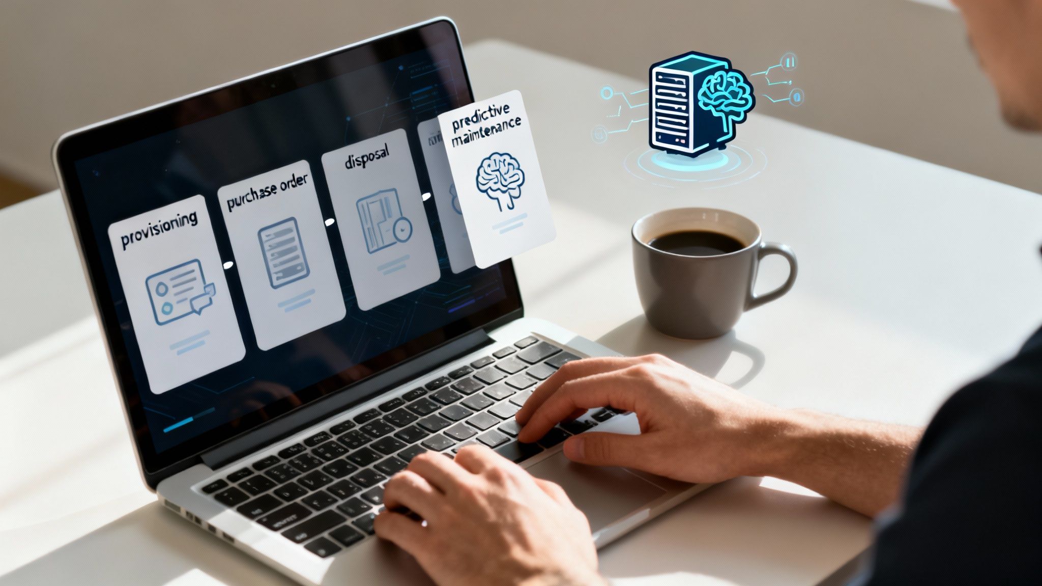 A person types on a laptop, showing a digital workflow for inventory and predictive maintenance.
